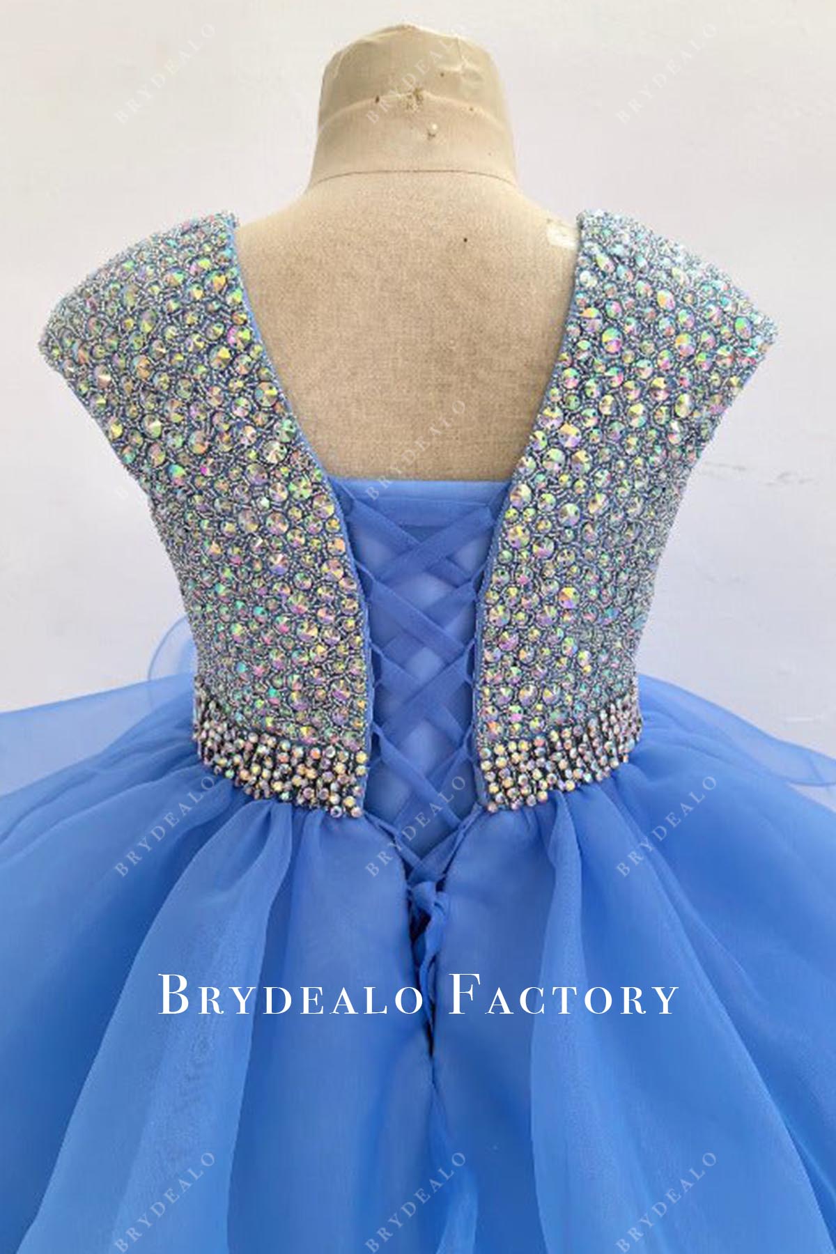 crystals blue lace up back pageant dress