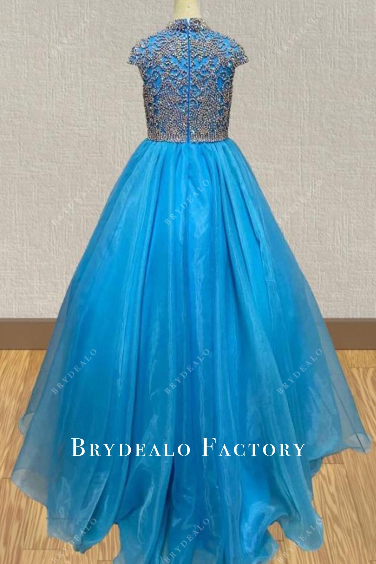 crystals blue sweep train pageant dress