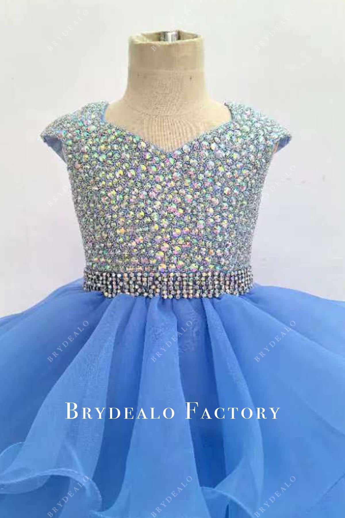crystals cap sleeves blue pageant dress