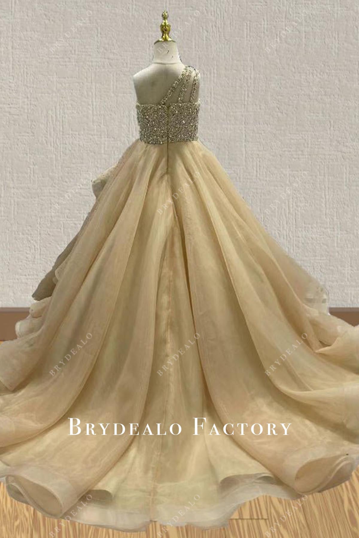 crystals champagne court train pageant dress