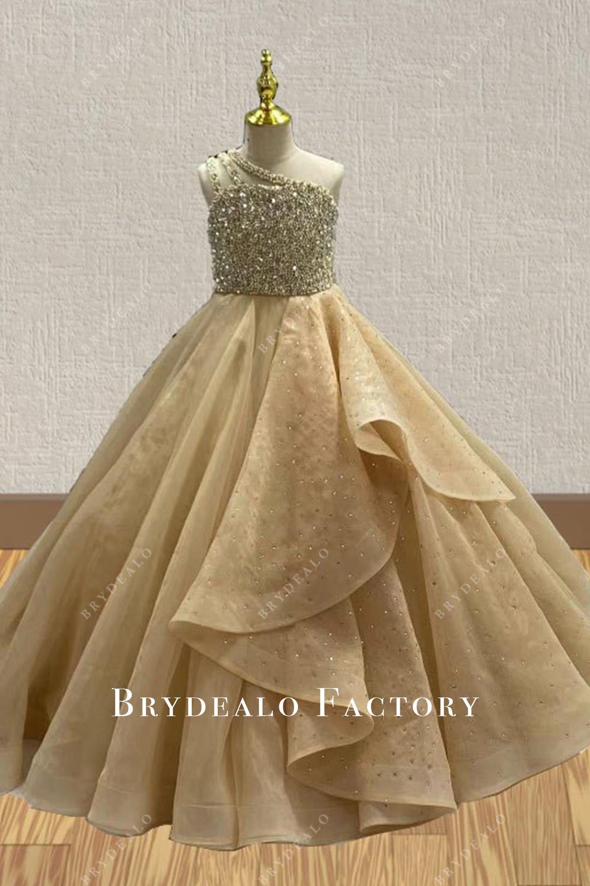 Crystals Champagne Ruffled A-Line Pageant Dress