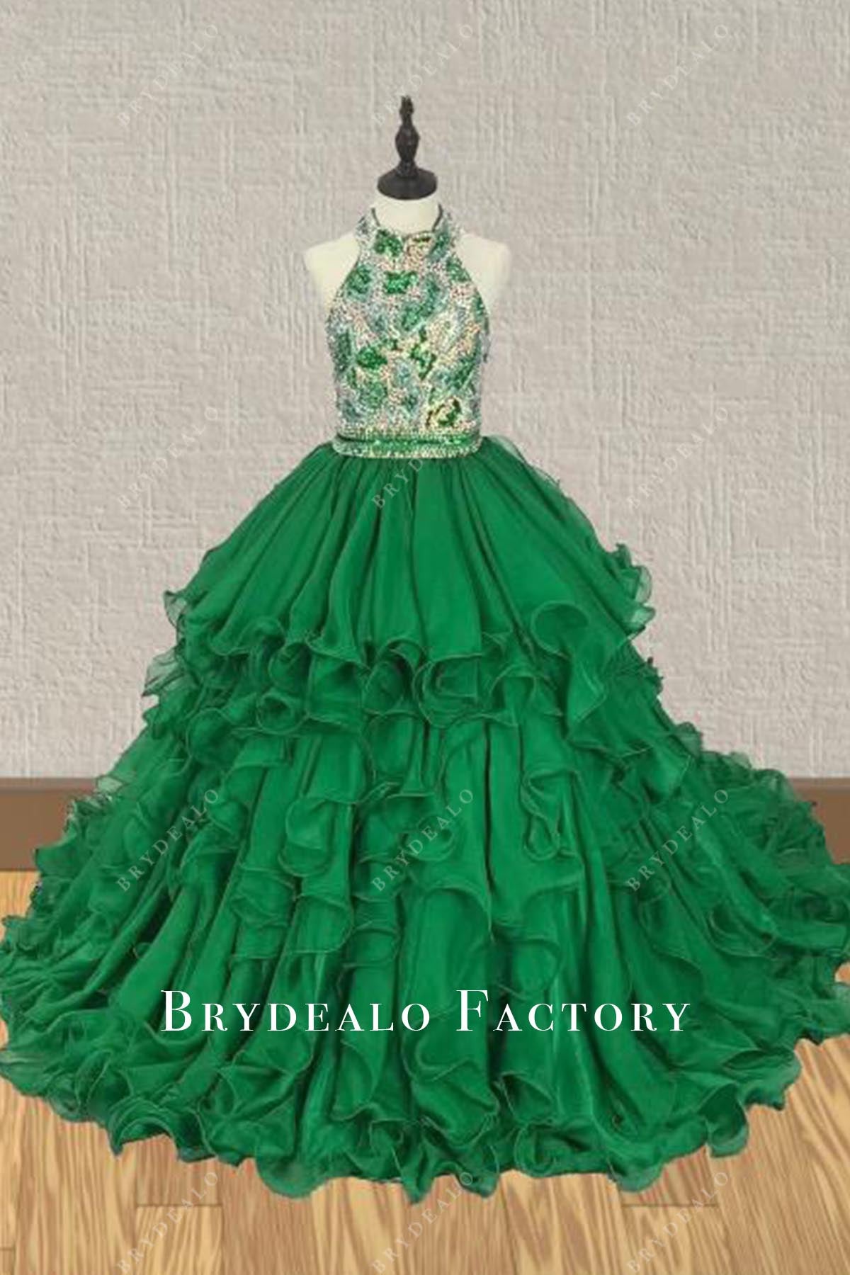 Crystals High Neck Emerald A-Line Kids Pageant Dress