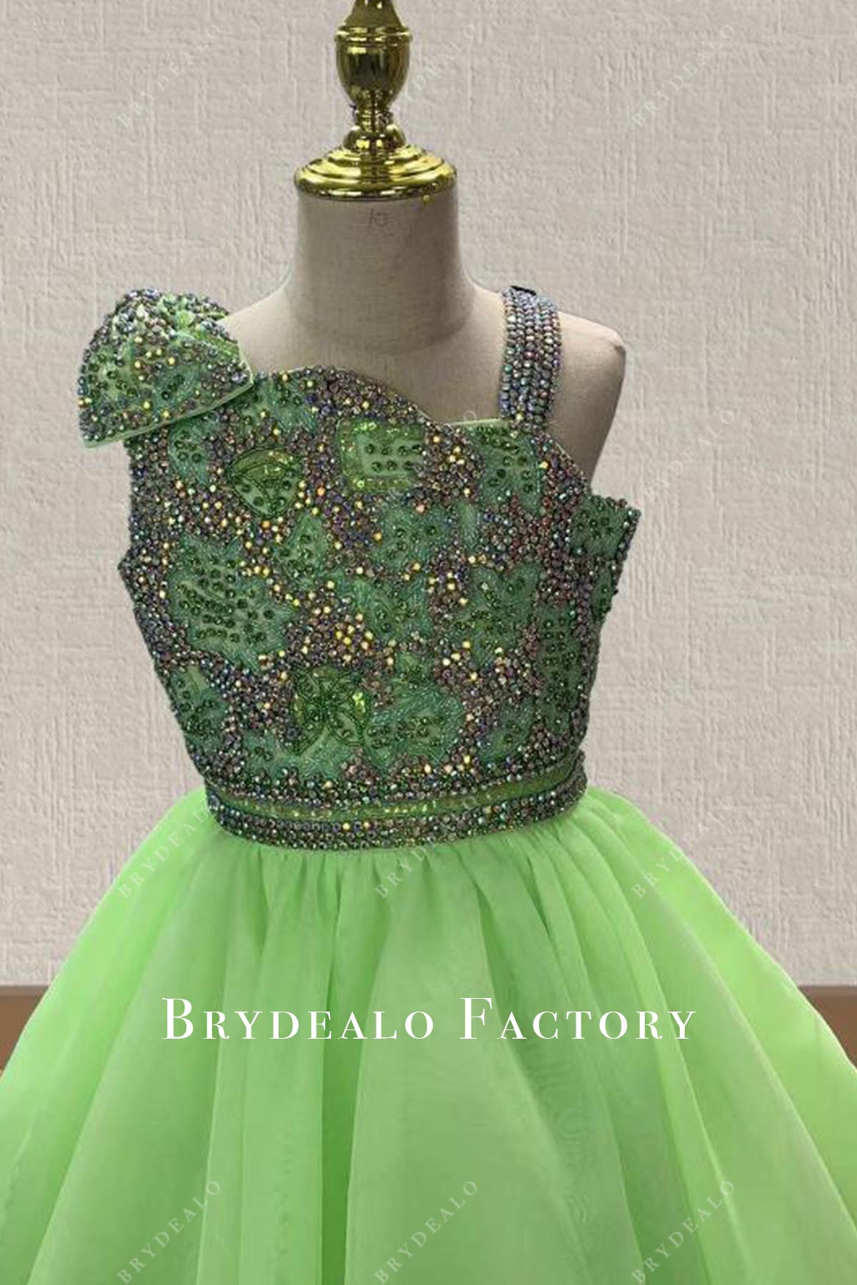 crystals green asymmetrical pageant dress
