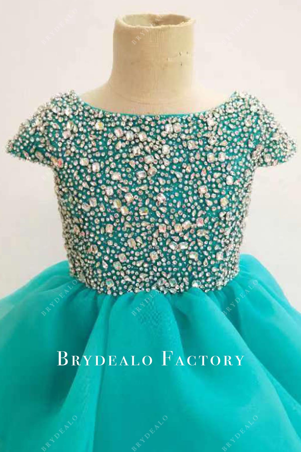 crystals green cap sleeves pageant dress