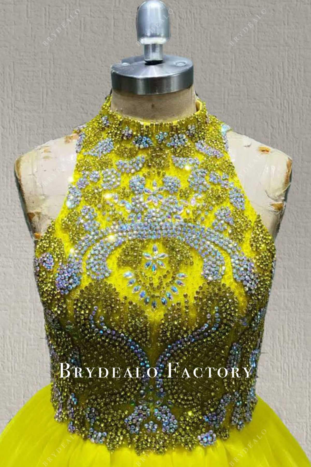 crystals halter yellow pageant dress