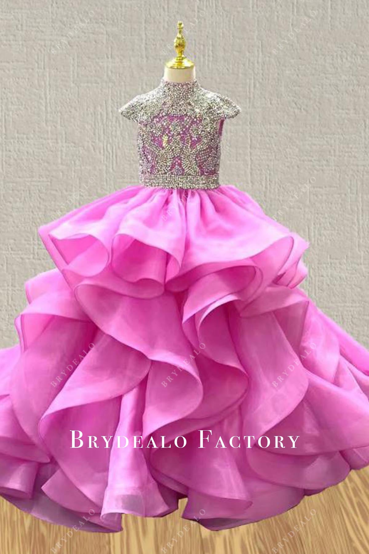Crystals High Neck Hot Pink Ruffled A-Line Pageant Dress Crystals High Neck Hot Pink Ruffled A-Line Pageant Dress