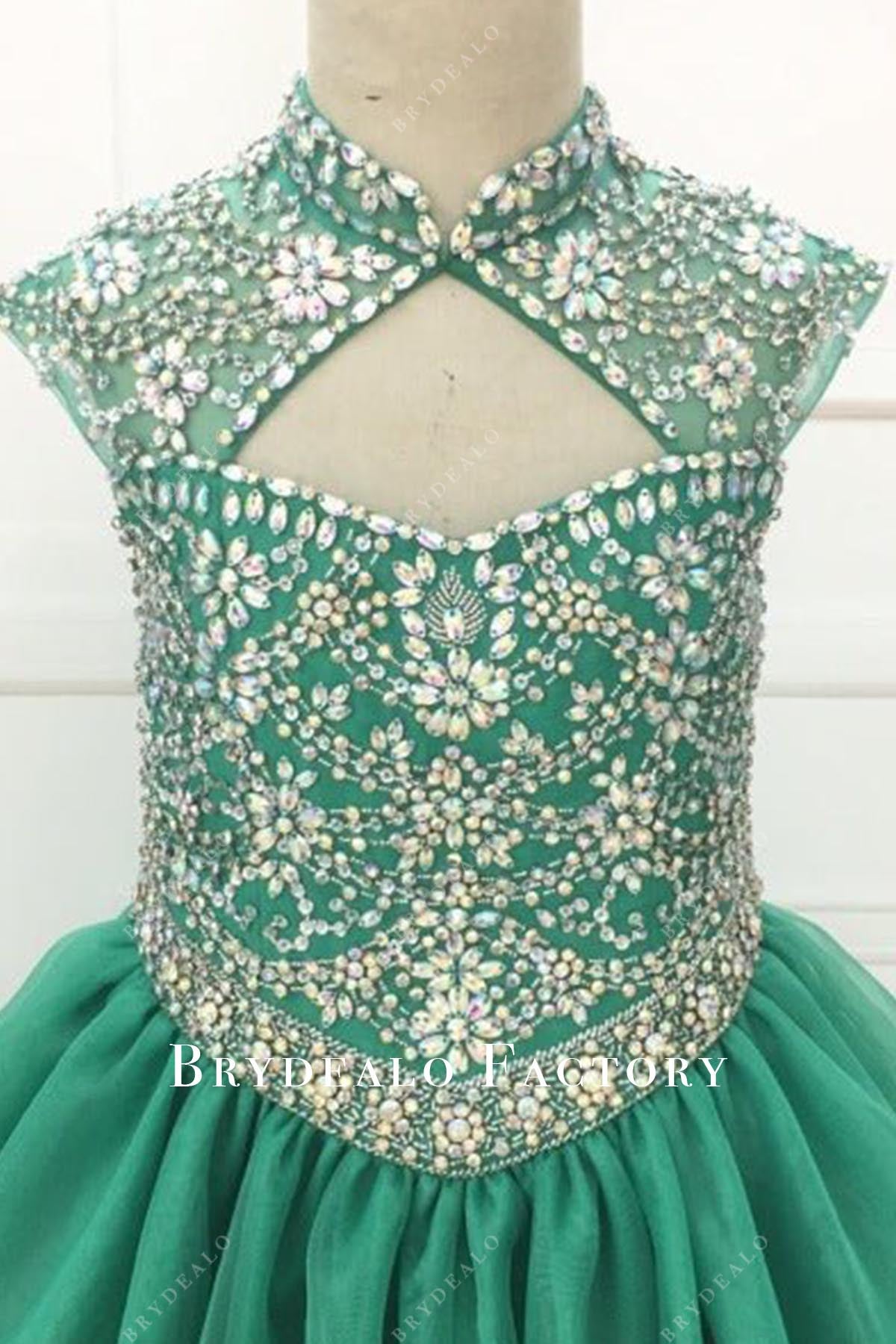 crystals jungle green cap sleeves pageant dress
