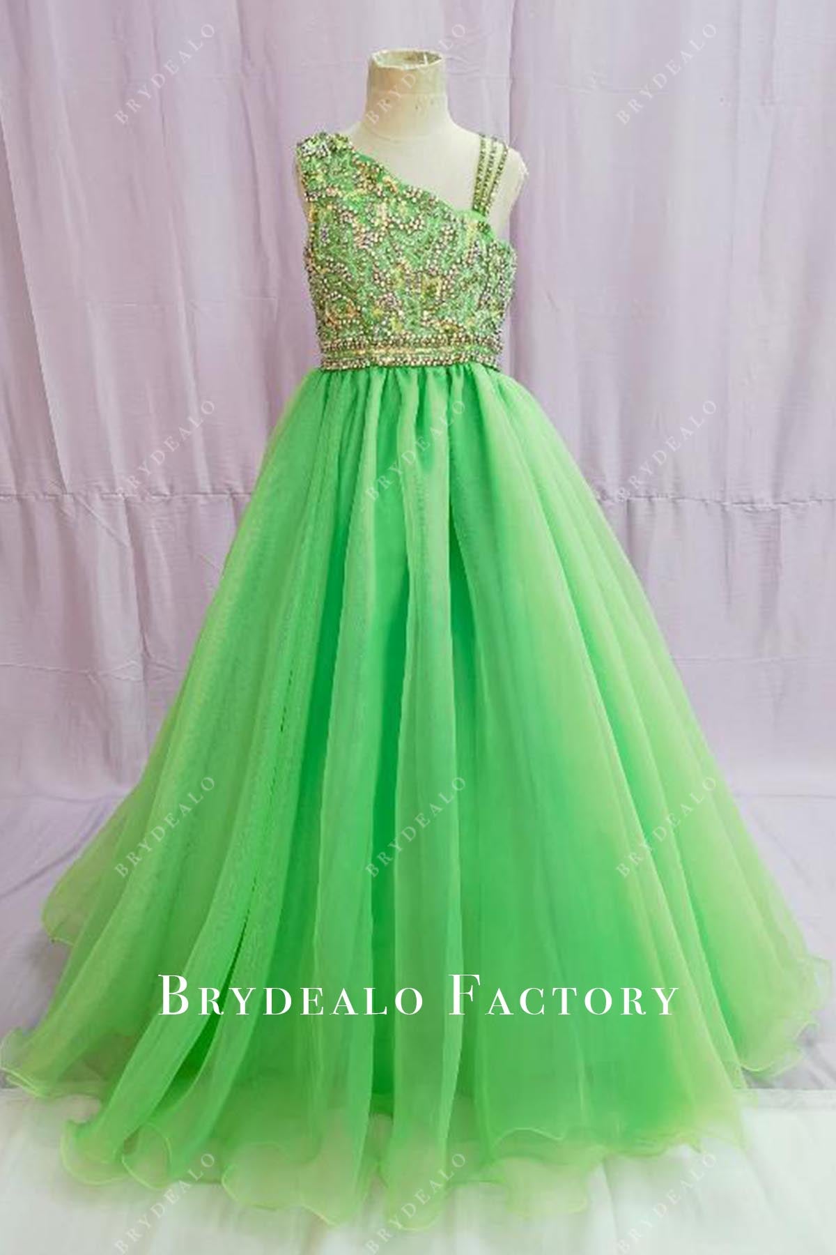 Crystals Asymmetrical Neckline Lime Green A-line Pageant Dress Crystals Asymmetrical Neckline Lime Green A-line Pageant Dress