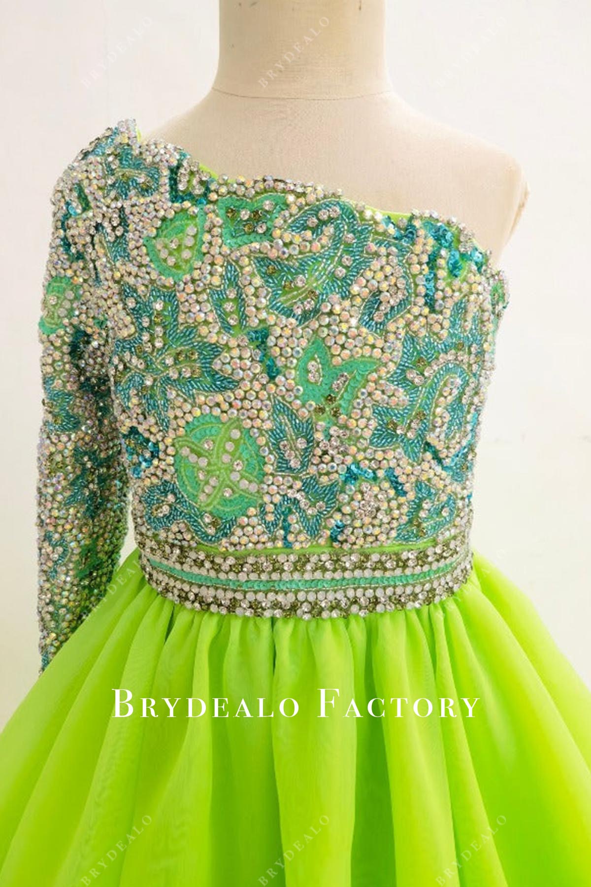 crystals one sleeve fluorescence green pageant dress