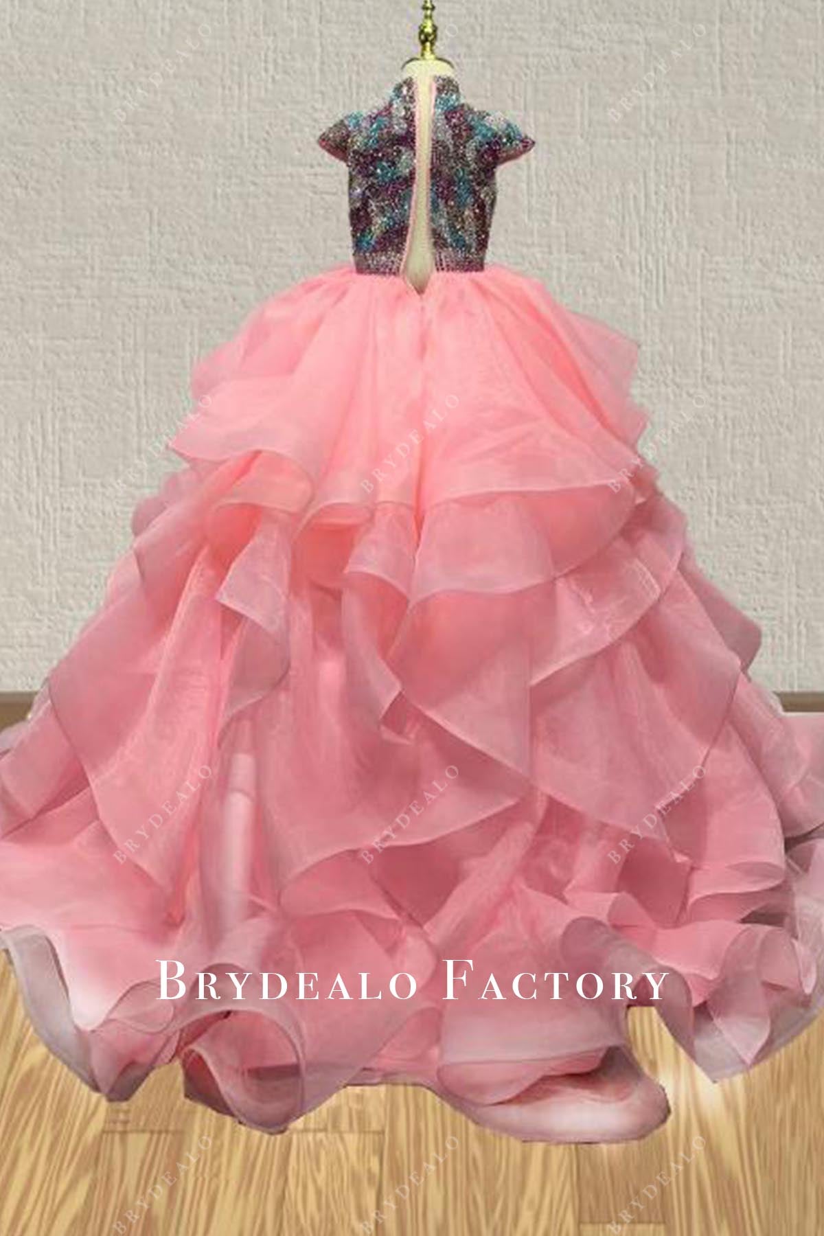 crystals peach sweep train pageant dress