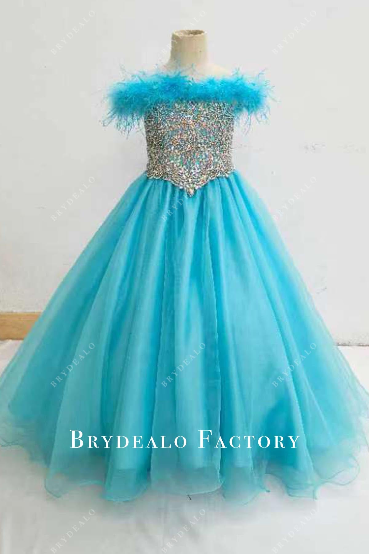 crystals pool feathered pageant dress