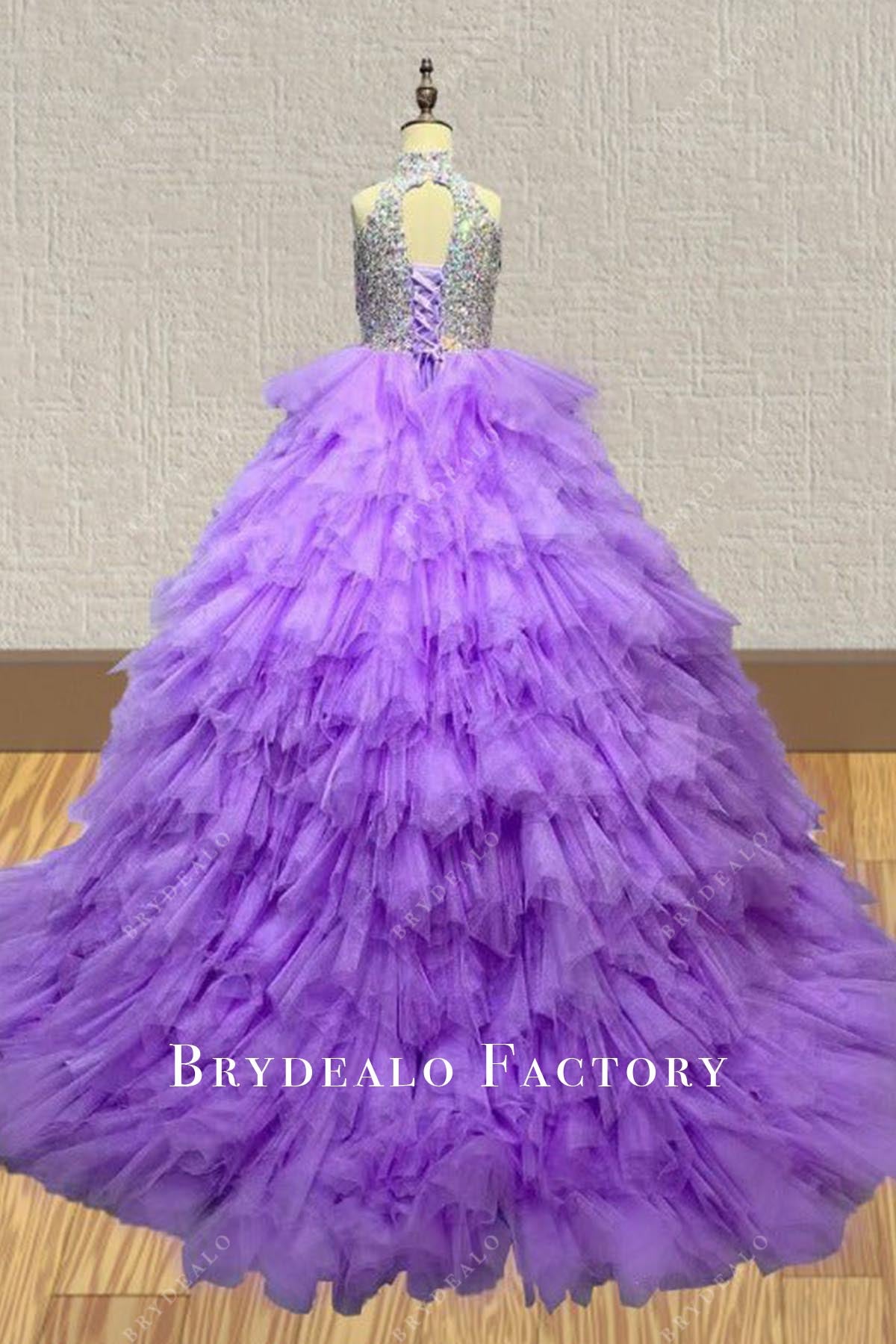 crystals purple lace up back pageant dress