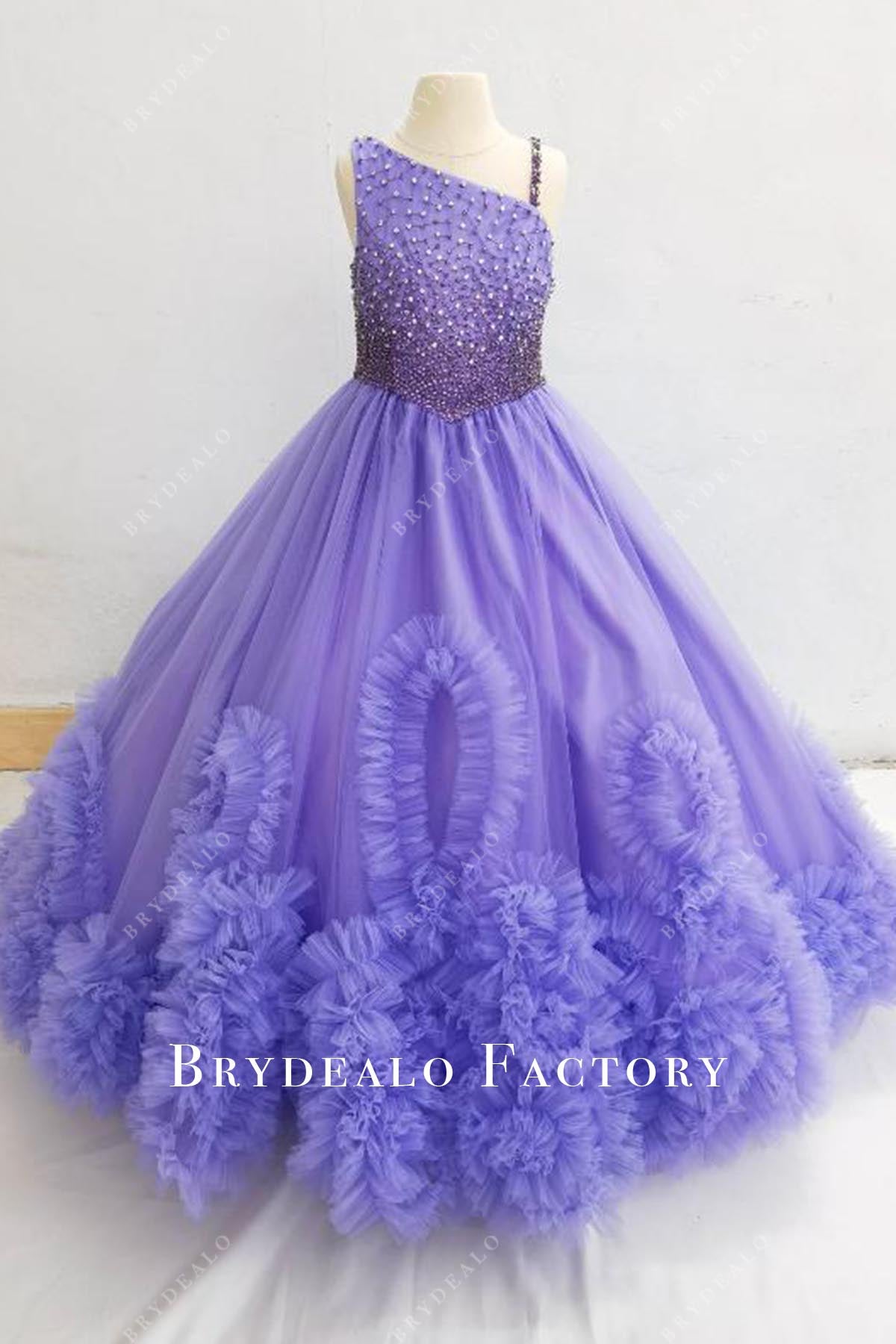 crystals purple ruffled pageant dress
