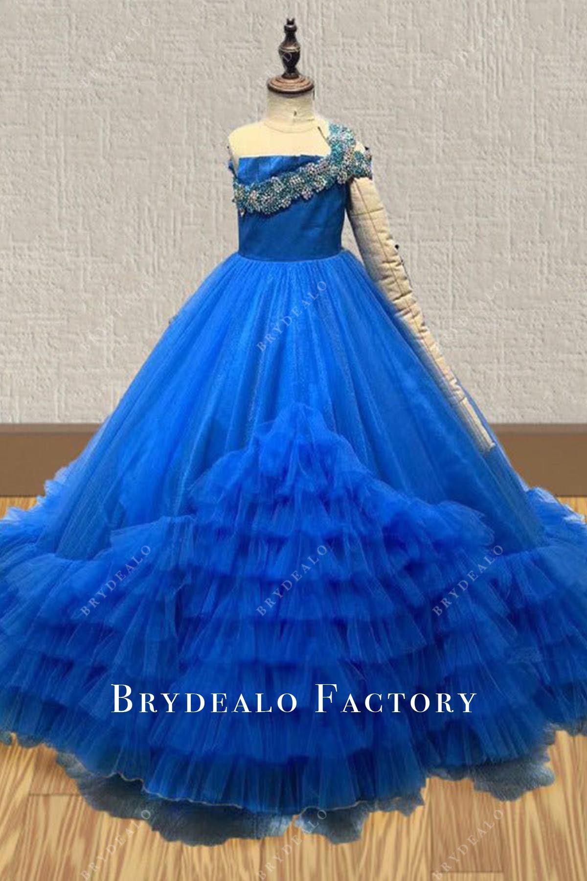 Crystals Asymmetrical Neckline Royal Blue A-Line Pageant Dress