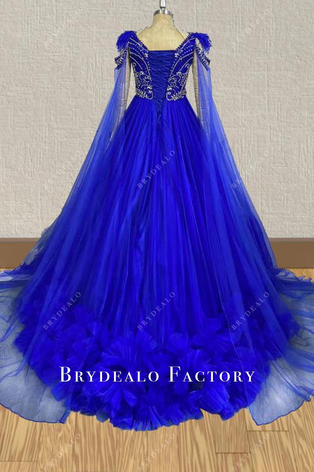 crystals royal blue cape sleeves pageant dress