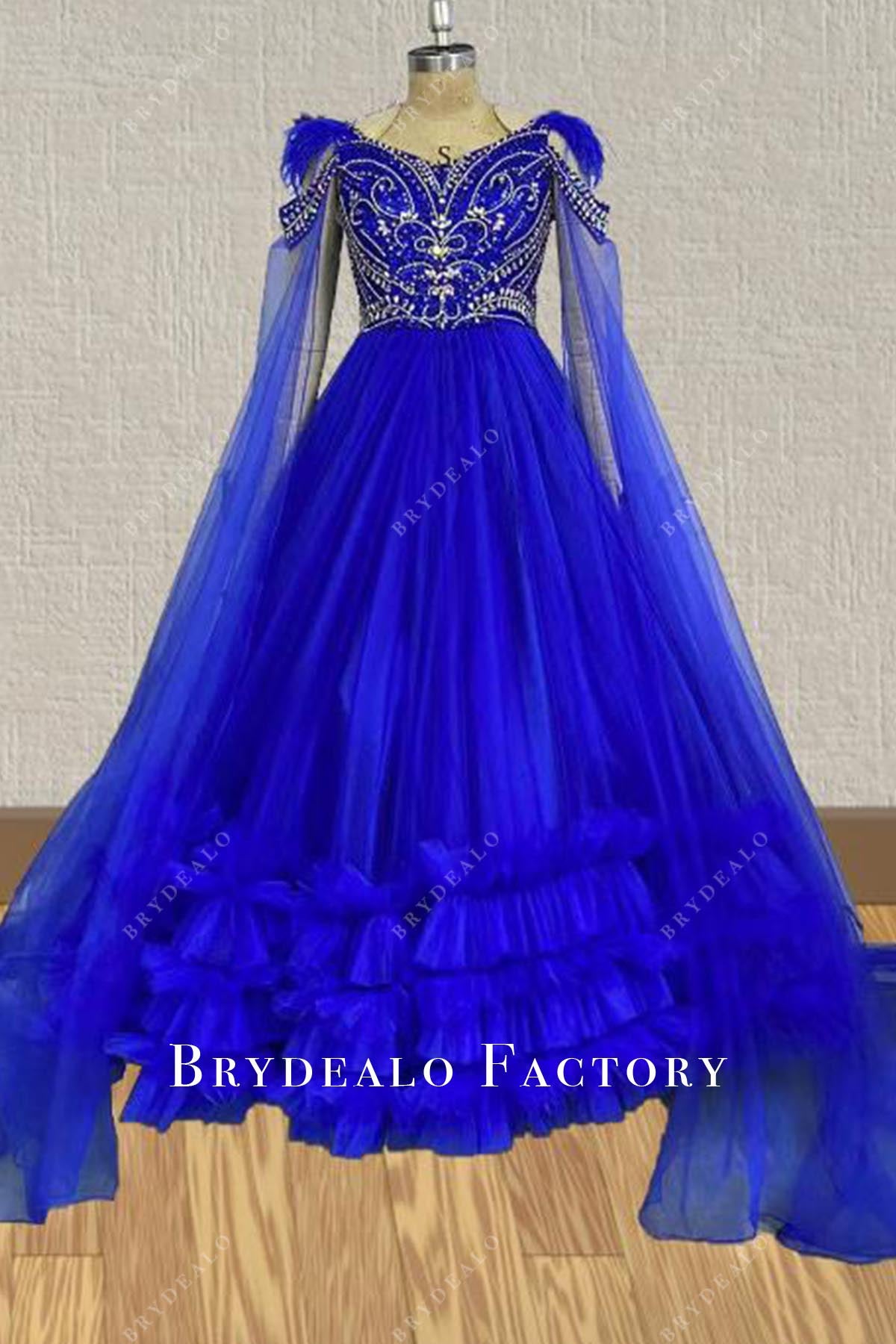 Crystals Royal Blue Cape Sleeves A-Line Pageant Dress