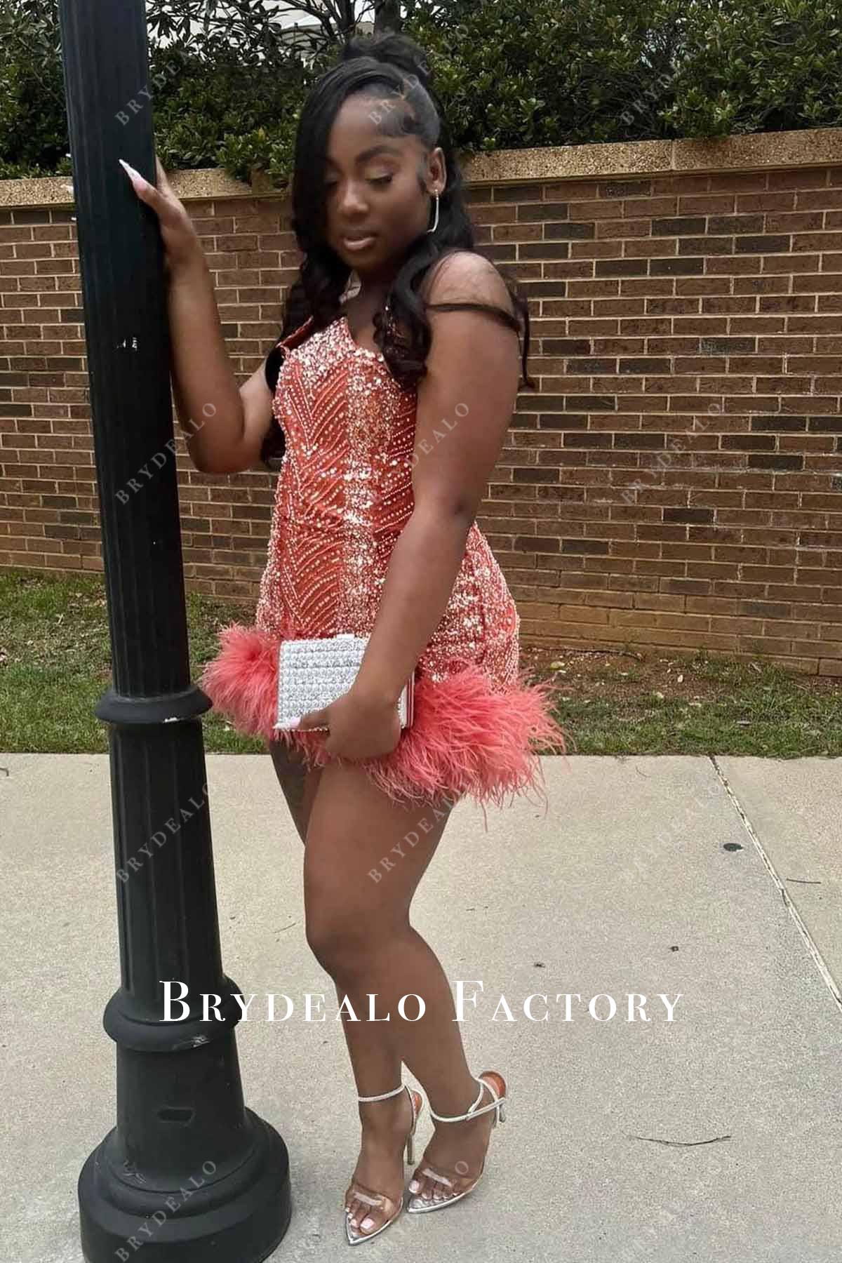 crystals rusty feathered mini prom dress