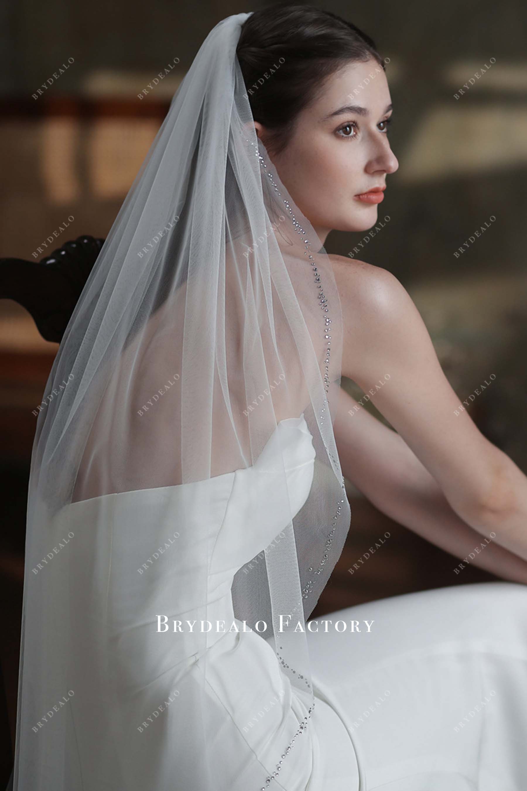 crystals single tier bridal veil