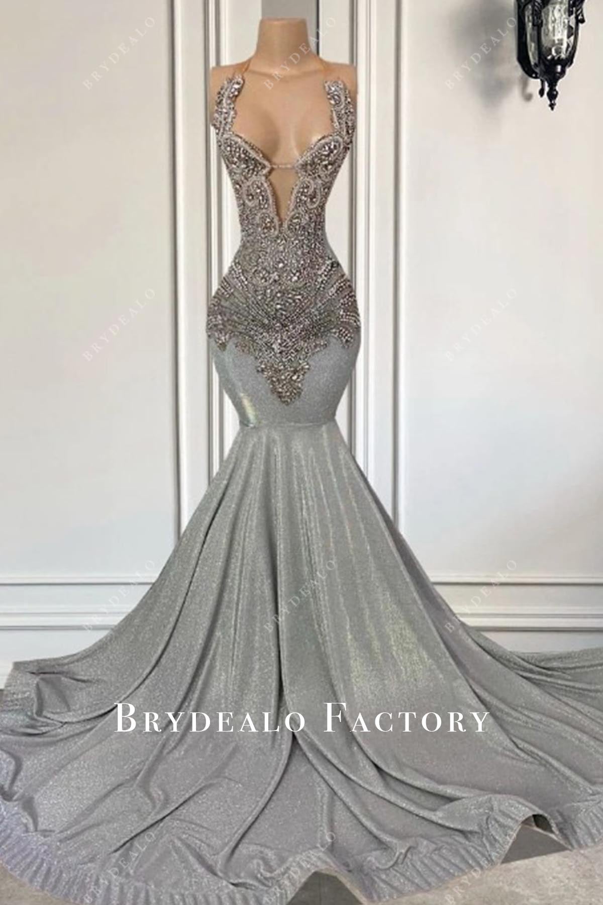 crystals steel grey trumpet prom dress