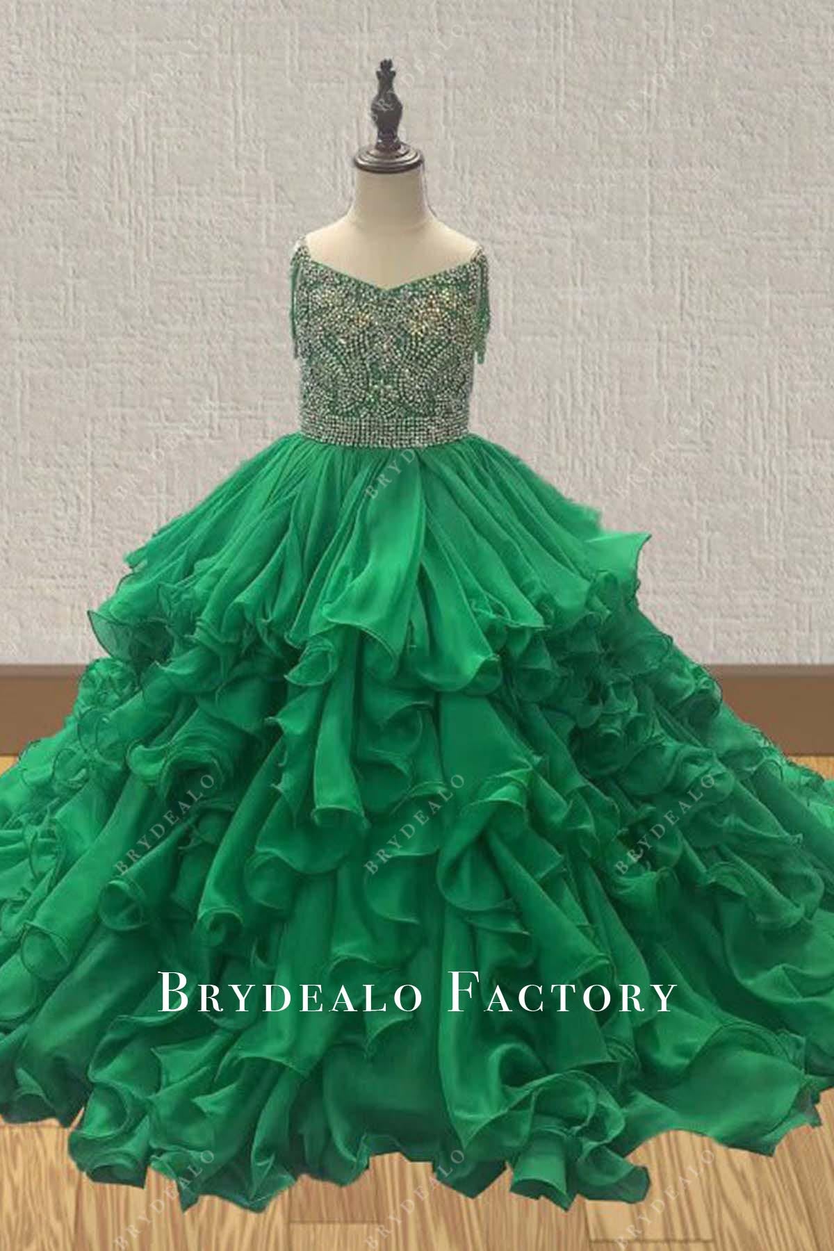 crystals top emerald ruffled a line pageant dress