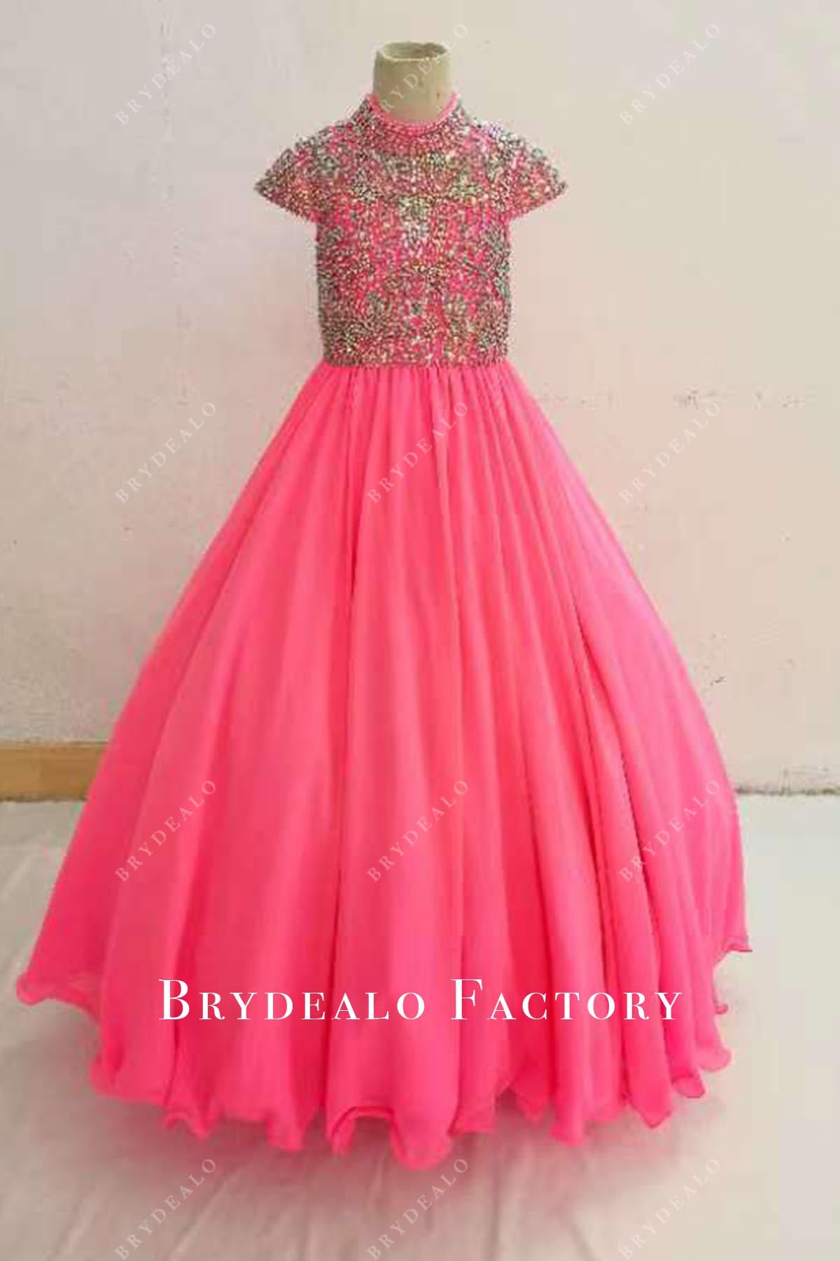 crystals watermelon high neck pageant dress