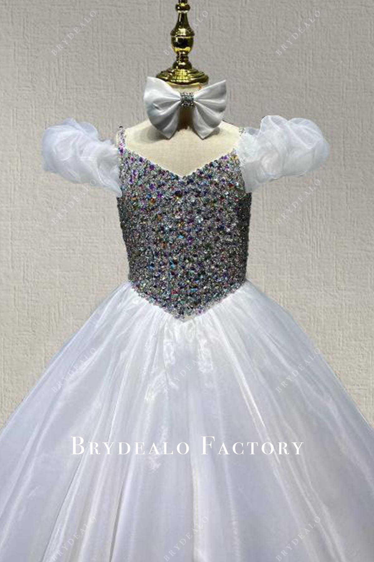 crystals white cold shoulder sleeves pageant dress