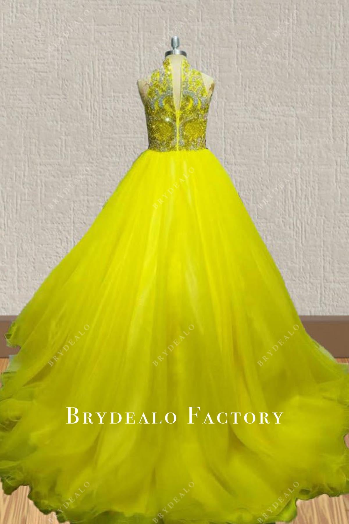 crystals yellow sweep train pageant dress