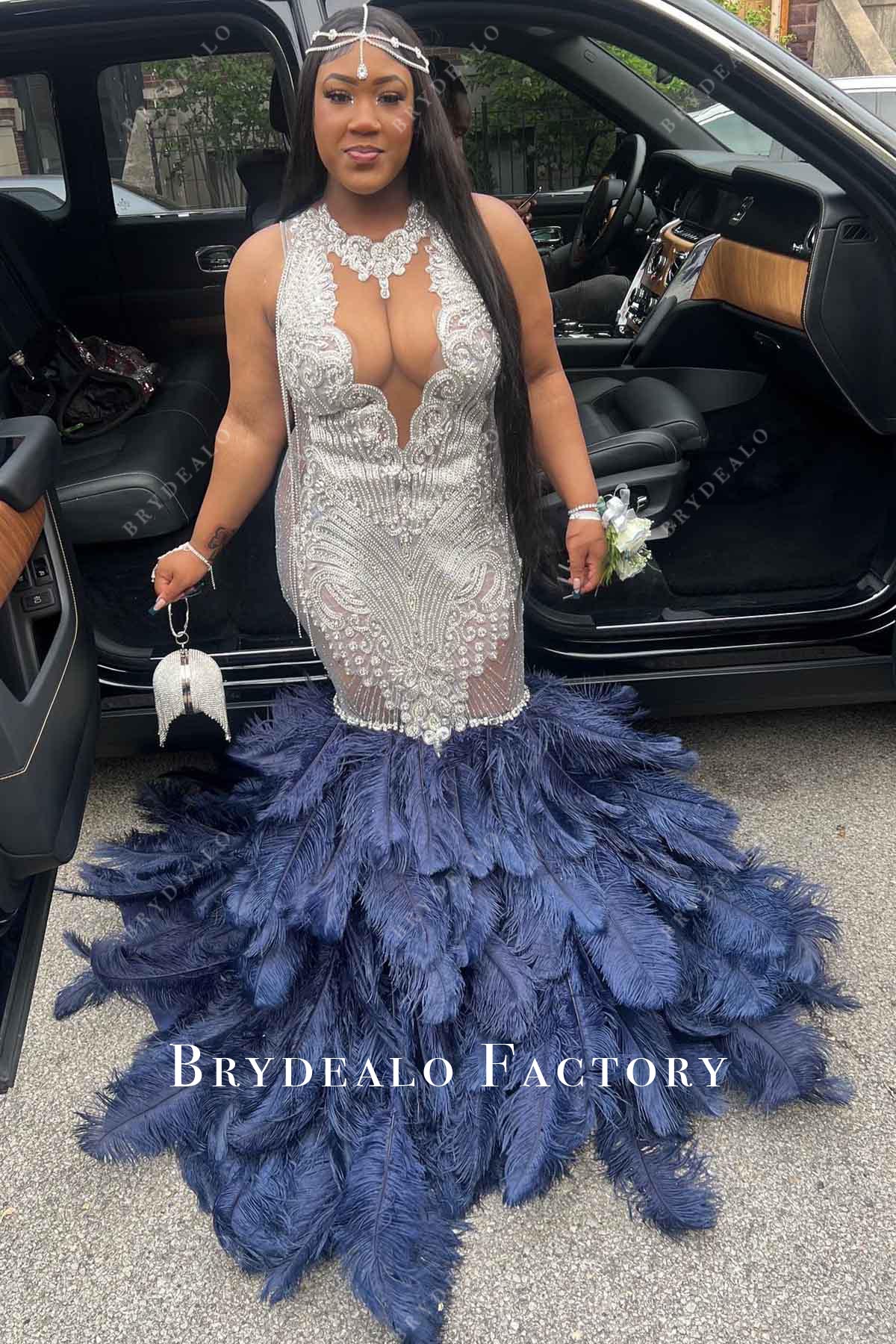 crystal navy trumpet prom dress