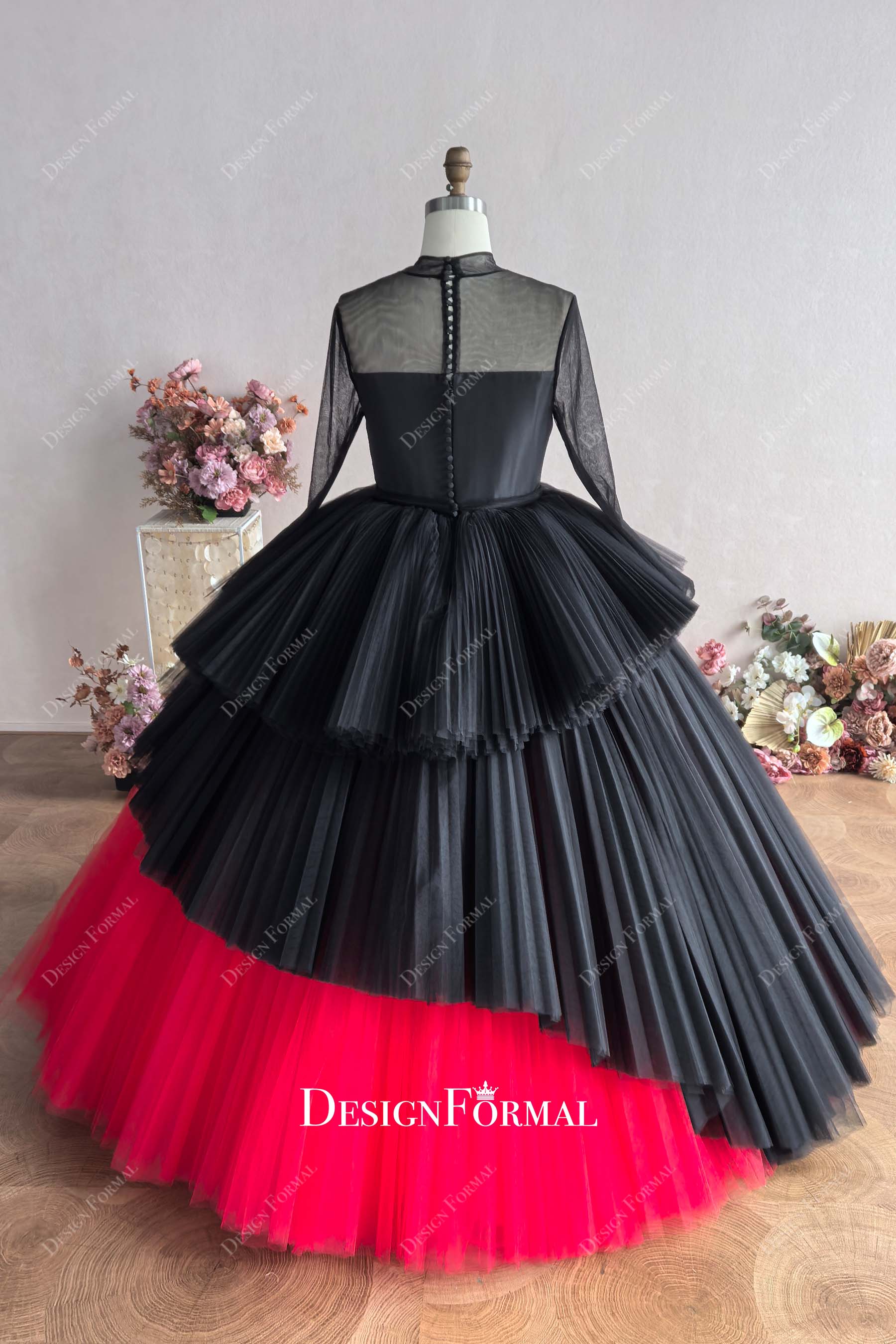 custom black red tiered ball gown formal dress
