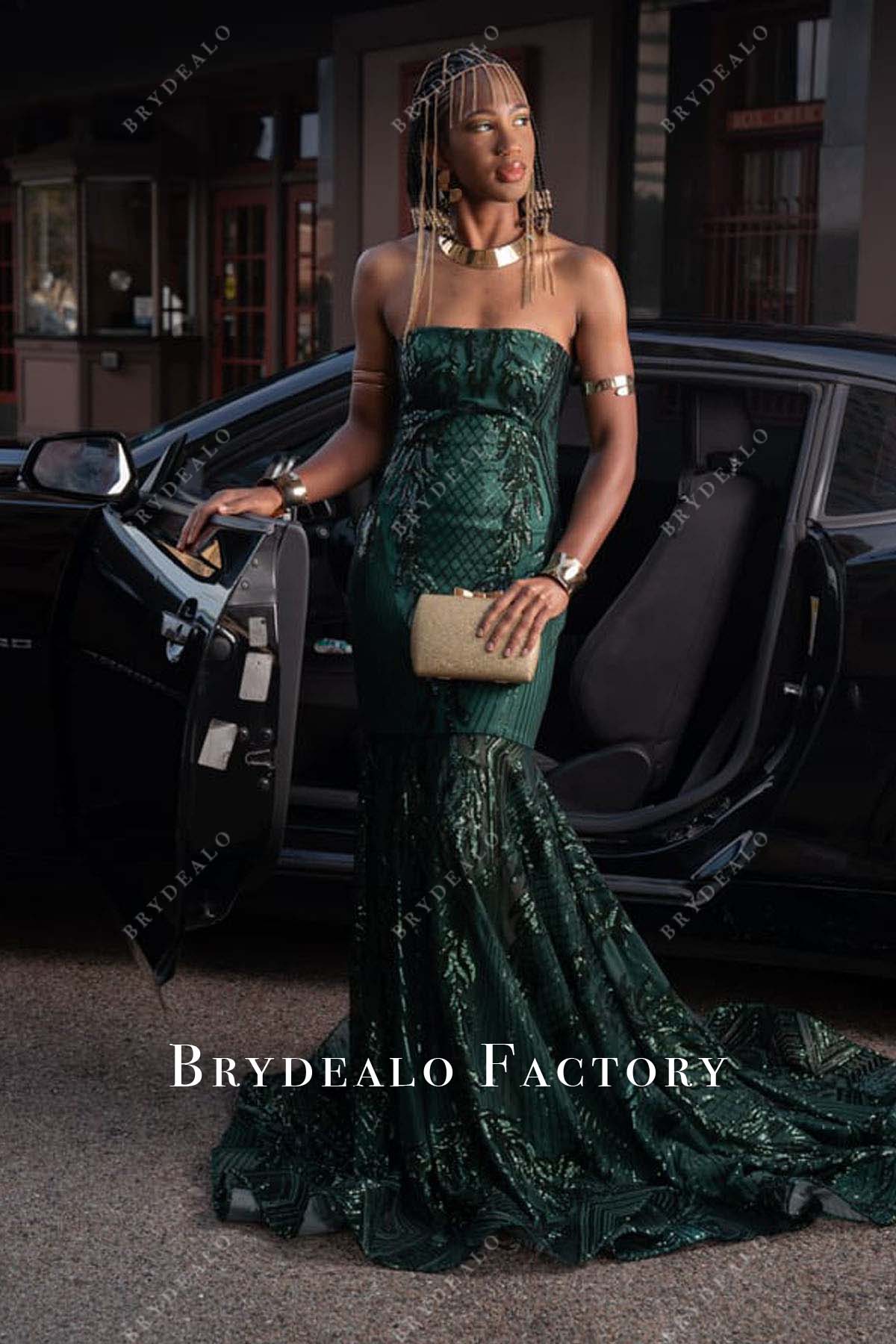 custom dark green sequin prom dress