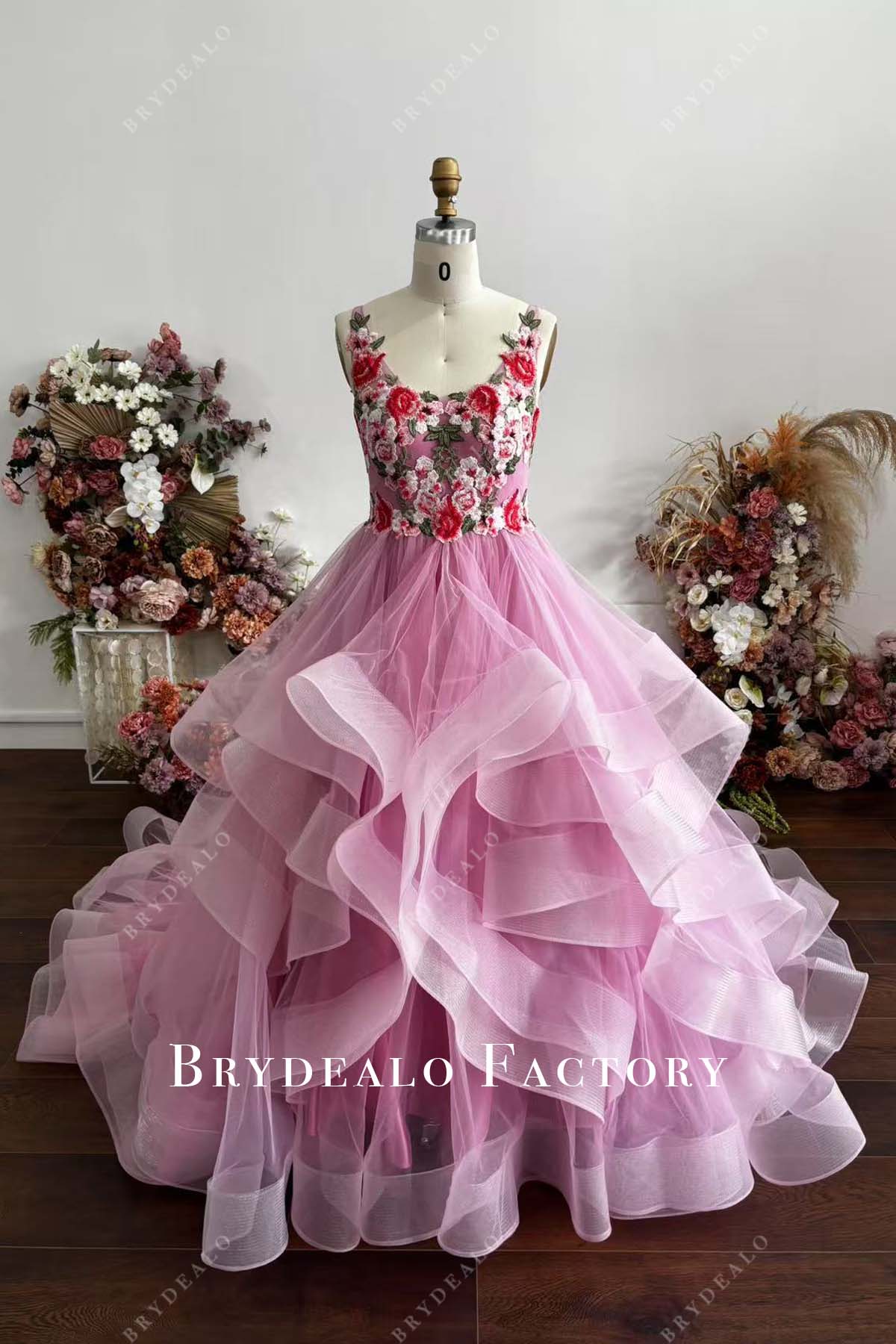 Embroidery Custom Taffy Pink Tulle Ruffled Ball Gown Prom Dress