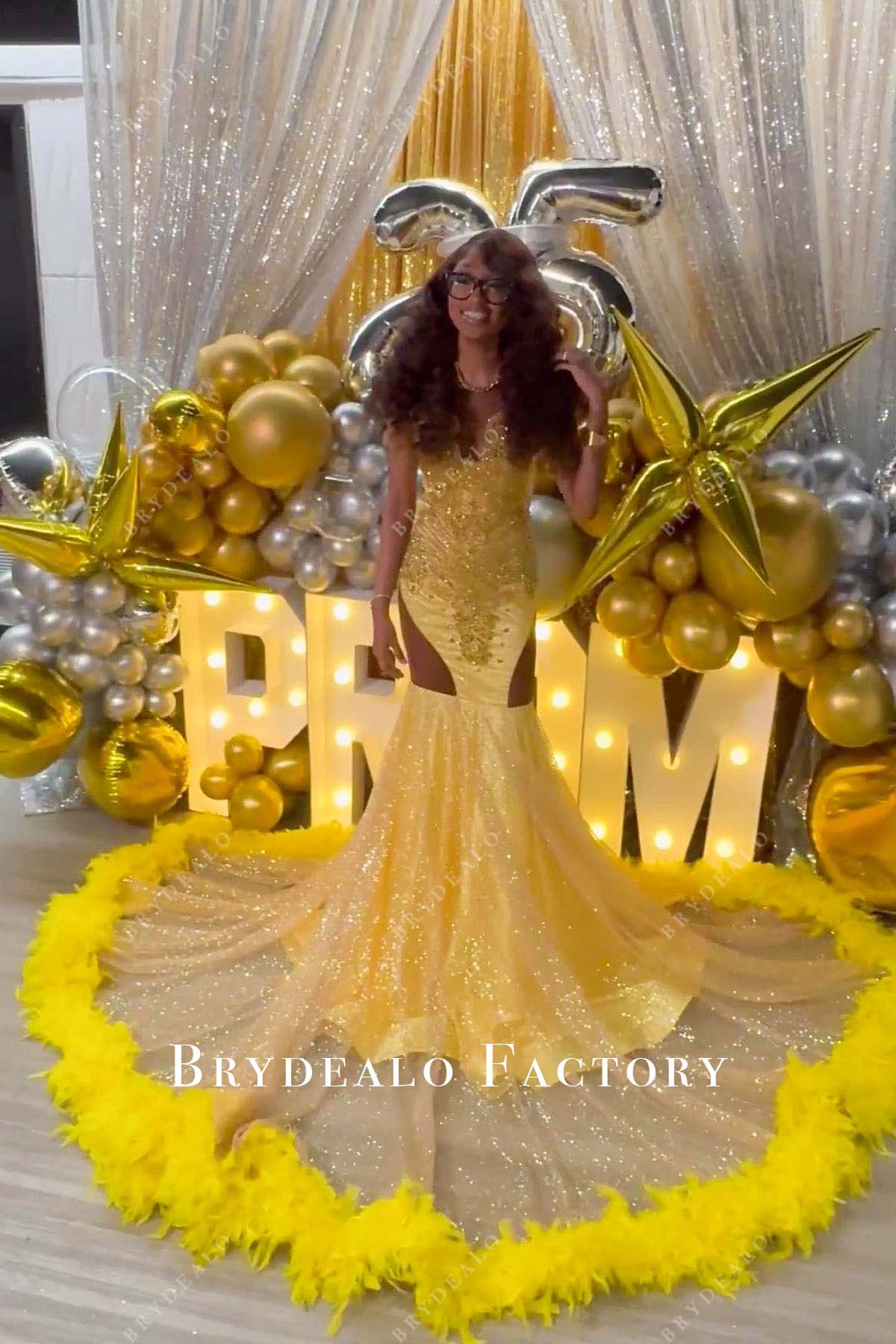 custom gold glitter yellow feather prom dress