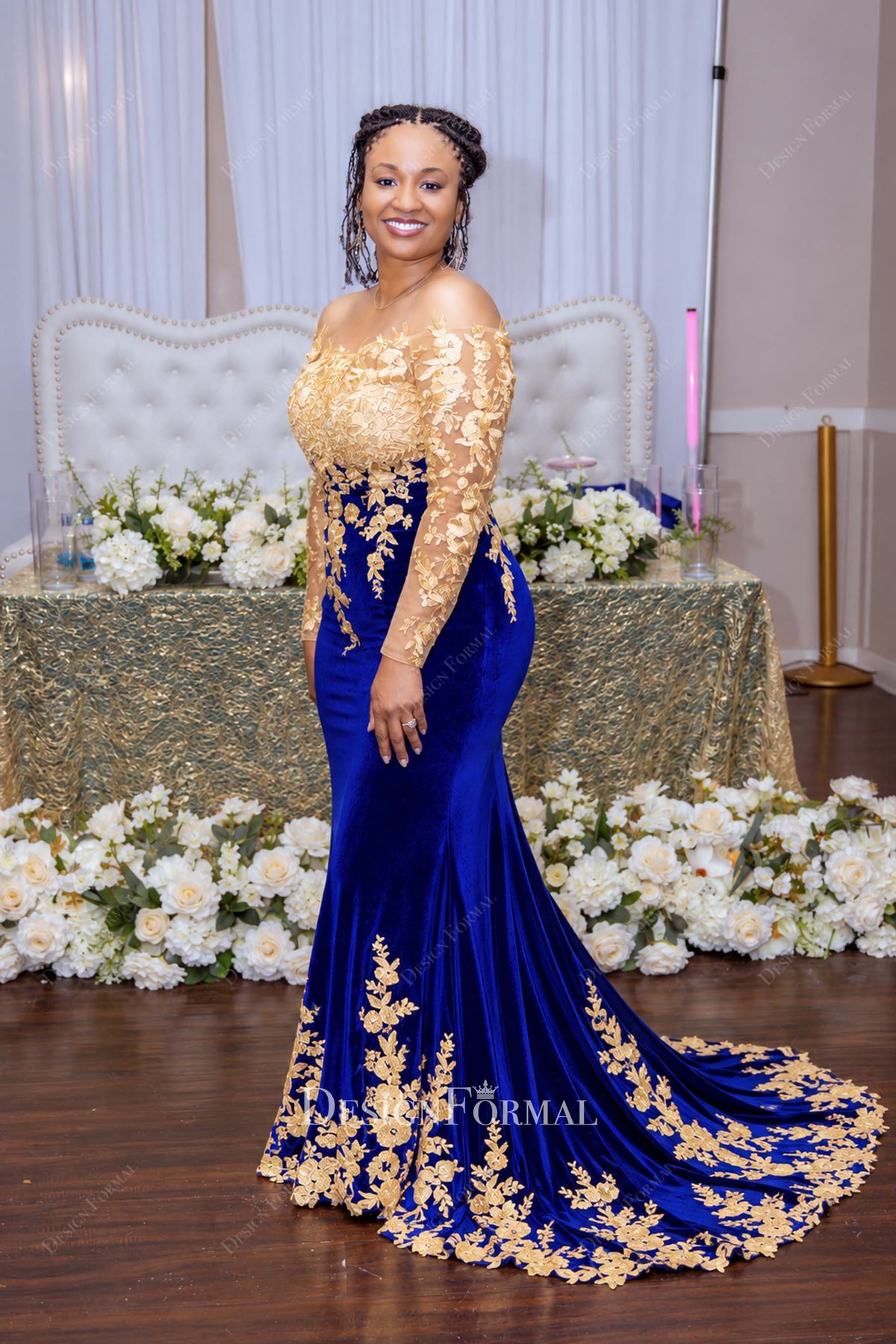 custom gold lace blue velvet dress