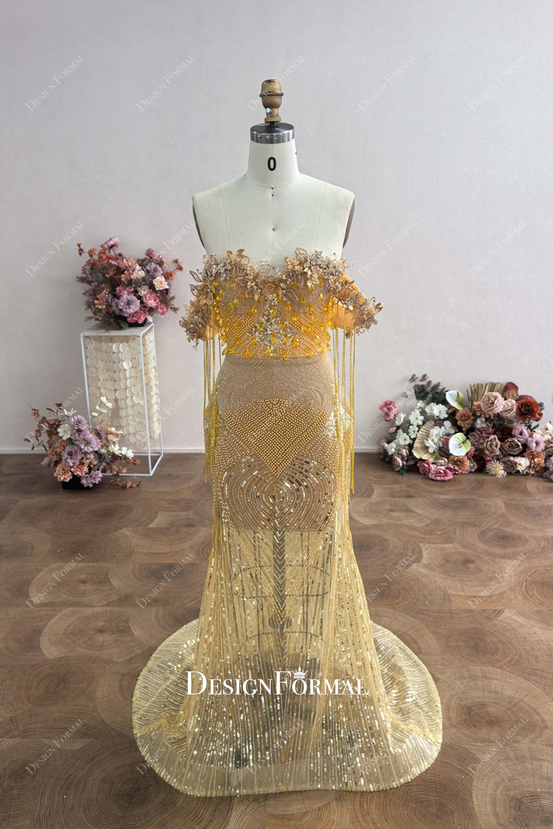 Custom Gold Mermaid Sweep Train Prom Dress