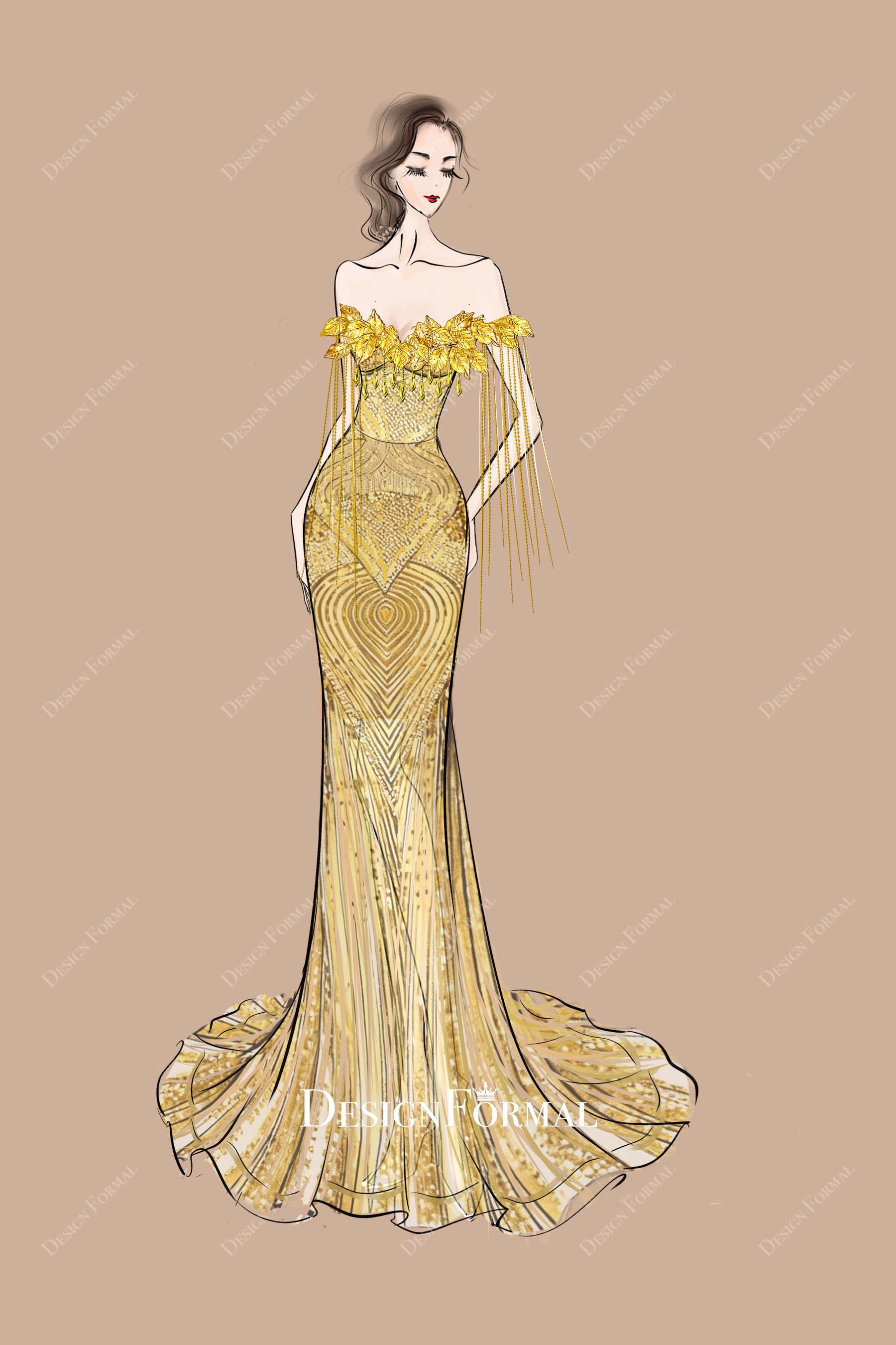 Custom Gold Tassels Off Shoulder Mermaid Prom Dress Sketch, Sketch to Dress Consulting