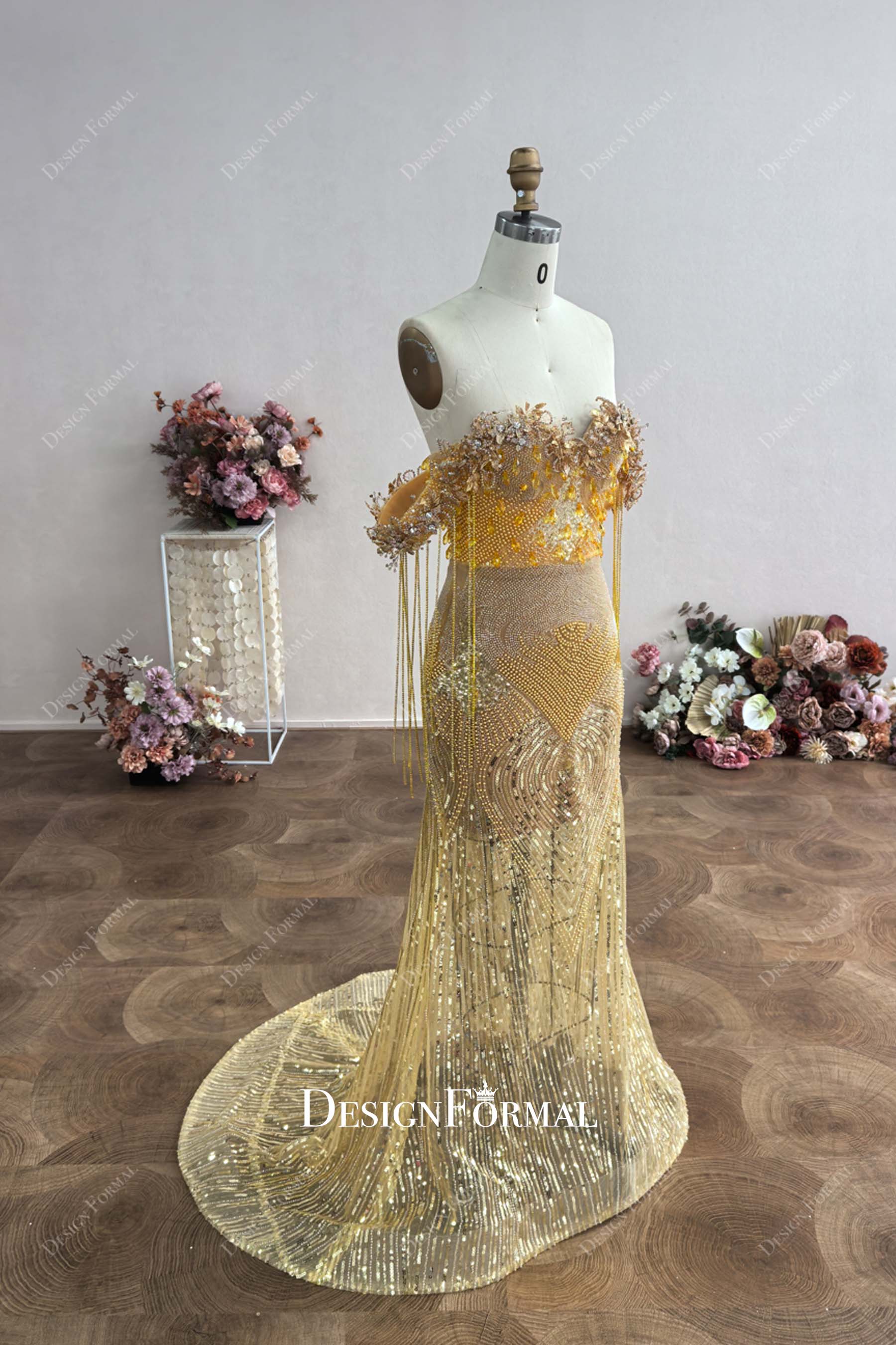 Custom Tassel Off Shoulder Gold Crystal Mermaid Prom Dress