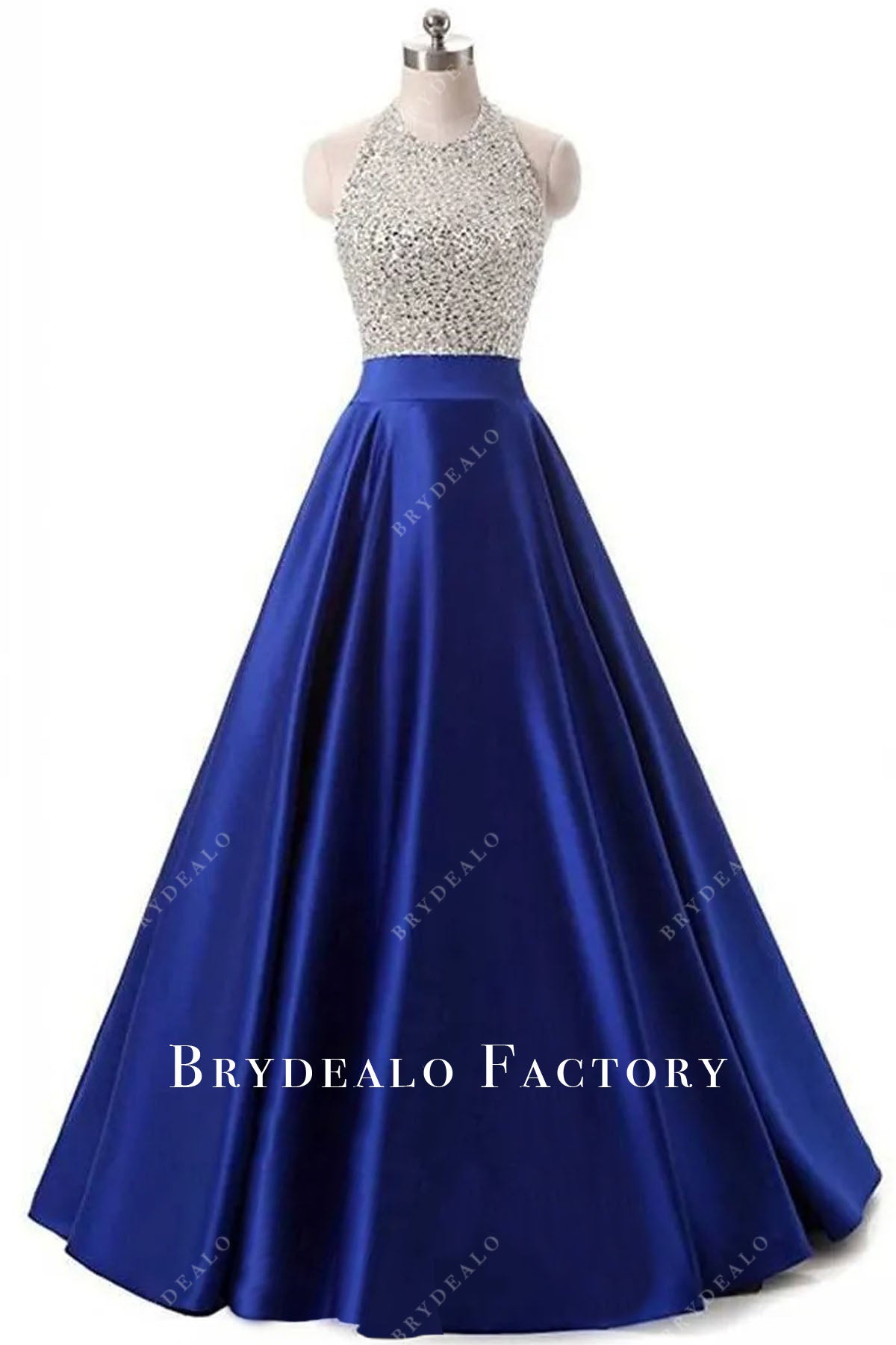 Custom Rhinestones Royal Blue Satin Halter A-line Prom Dress Custom Rhinestones Royal Blue Satin Halter A-line Prom Dress