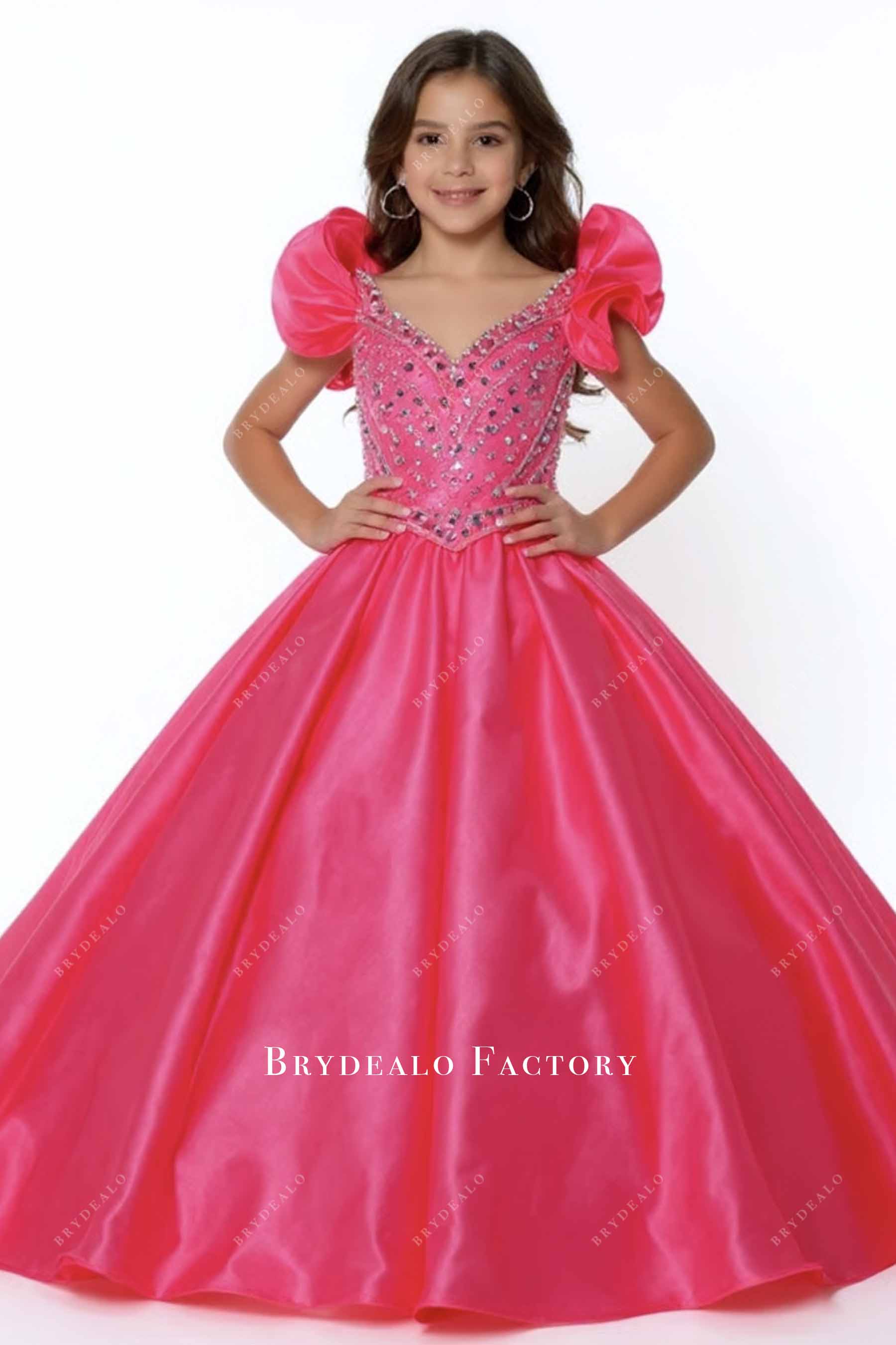 Custom Hot Pink Ruffled Straps Ball Gown Kids Pageant Dress