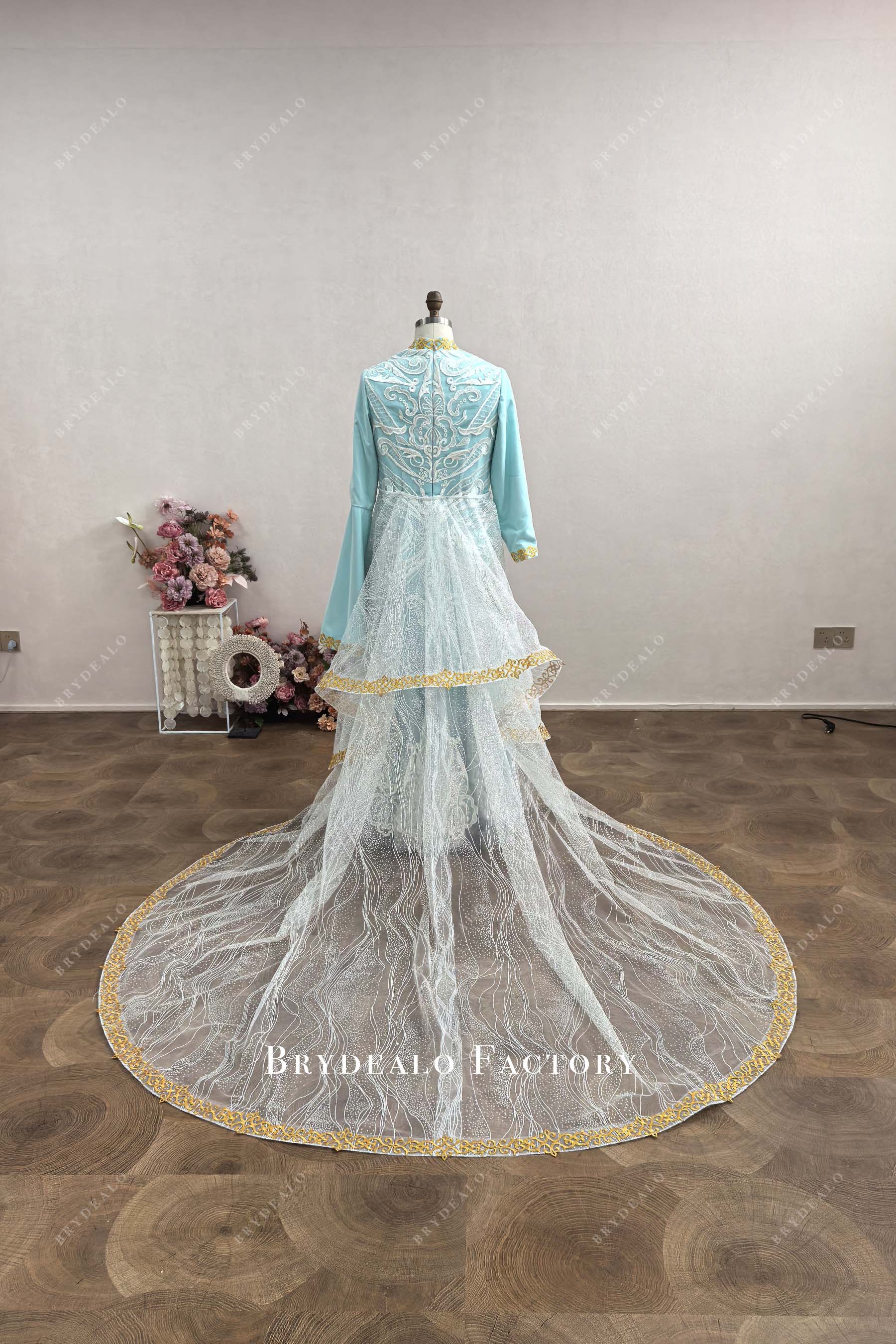 custom lace white glitter overskirt colored wedding gown