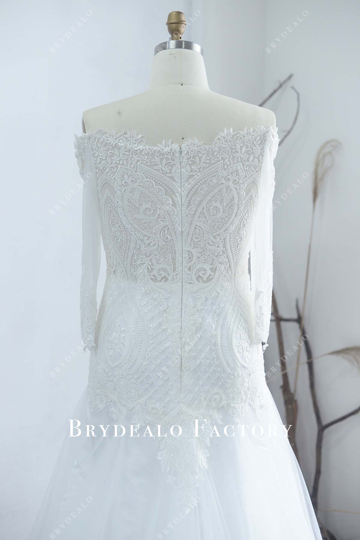 custom lace flower beaded lace bridal gown
