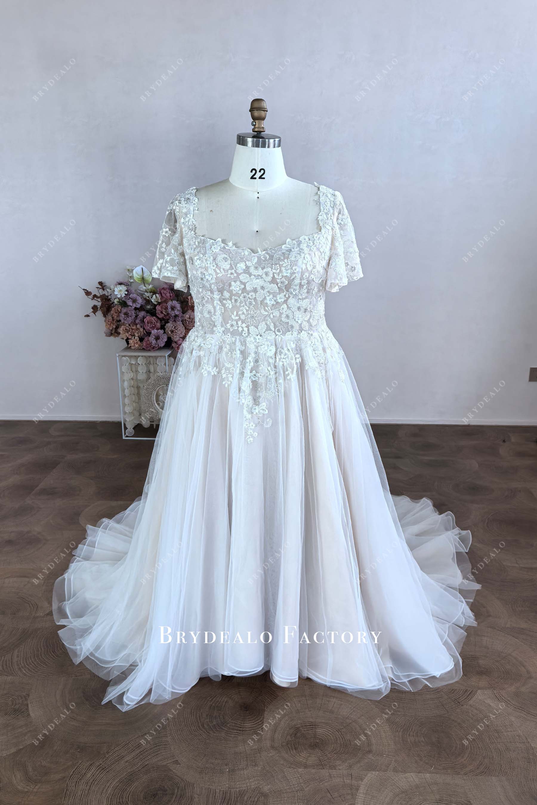 Custom Lace Plus Size Flutter Sleeves A-line Wedding Dress Custom Lace Plus Size Flutter Sleeves A-line Wedding Dress