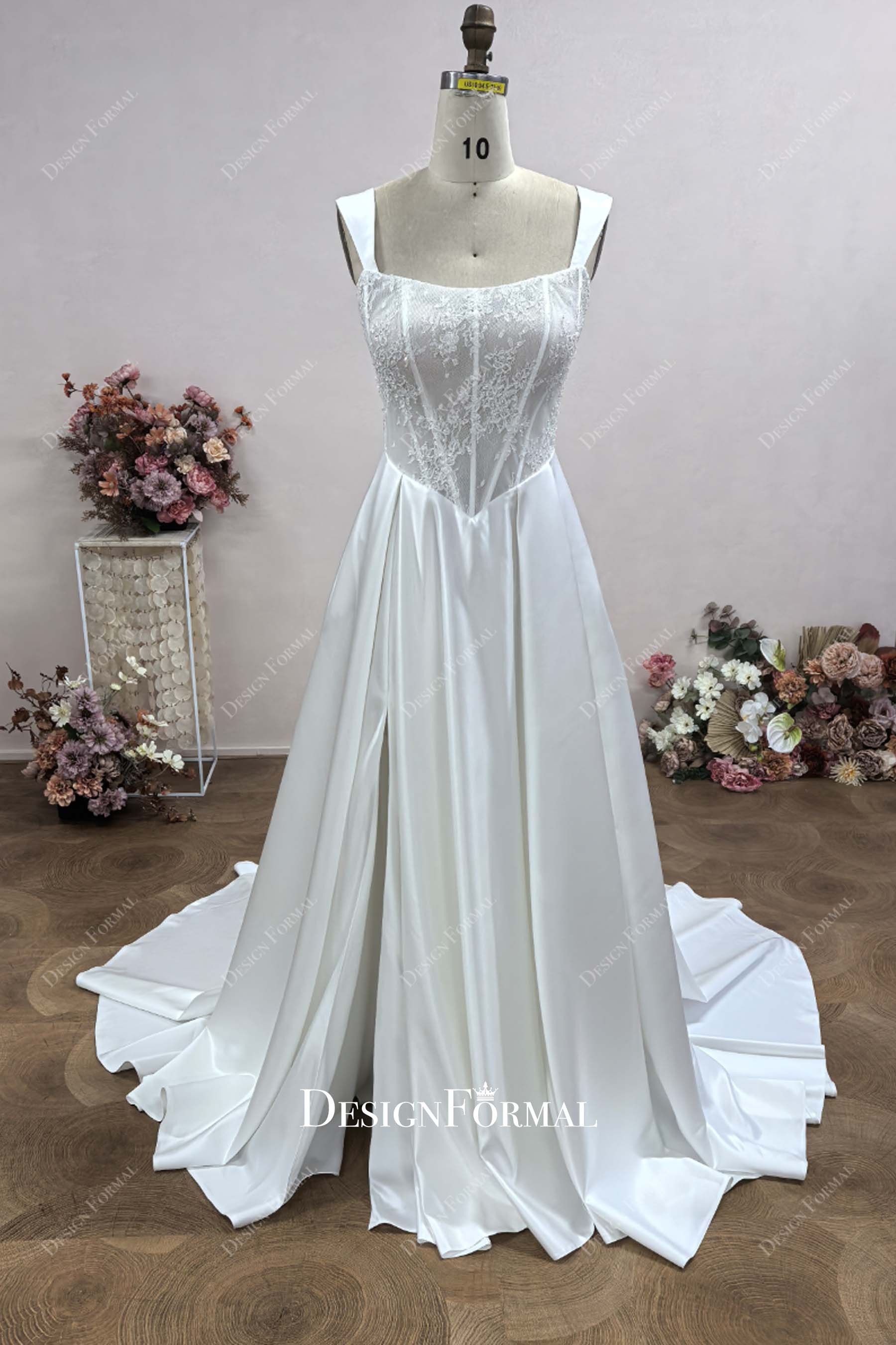 custom lace slit satin wedding dress