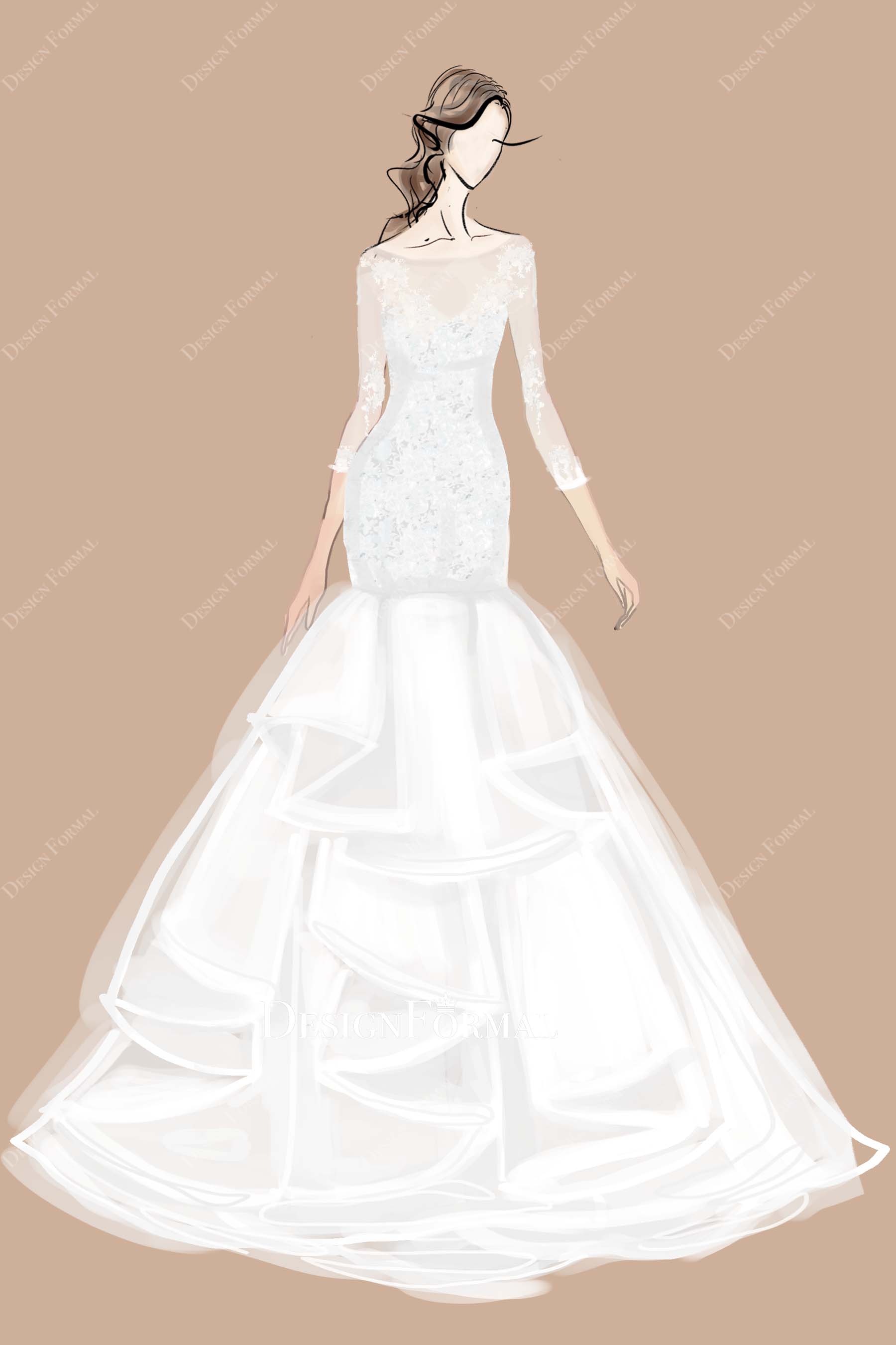 Designer Lace 3/4 Sleeves Organza Trumpet Wedding Dress Sketch