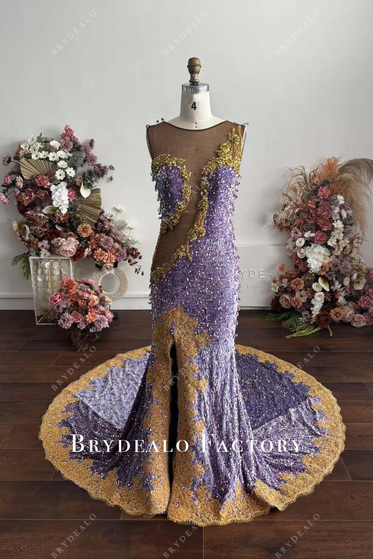 Custom Lilac Rhinestones Sequin Slit Prom Dress