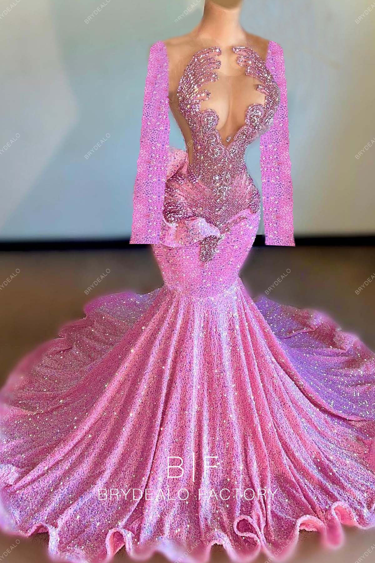 Custom Long Sleeves Iridescent Pink Sequin Long Prom Dress Custom Long Sleeves Iridescent Pink Sequin Long Prom Dress