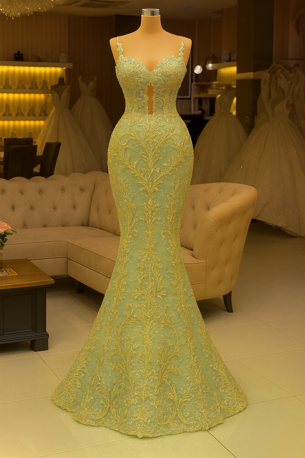 custom mermaid sleeveless gold lace prom dress