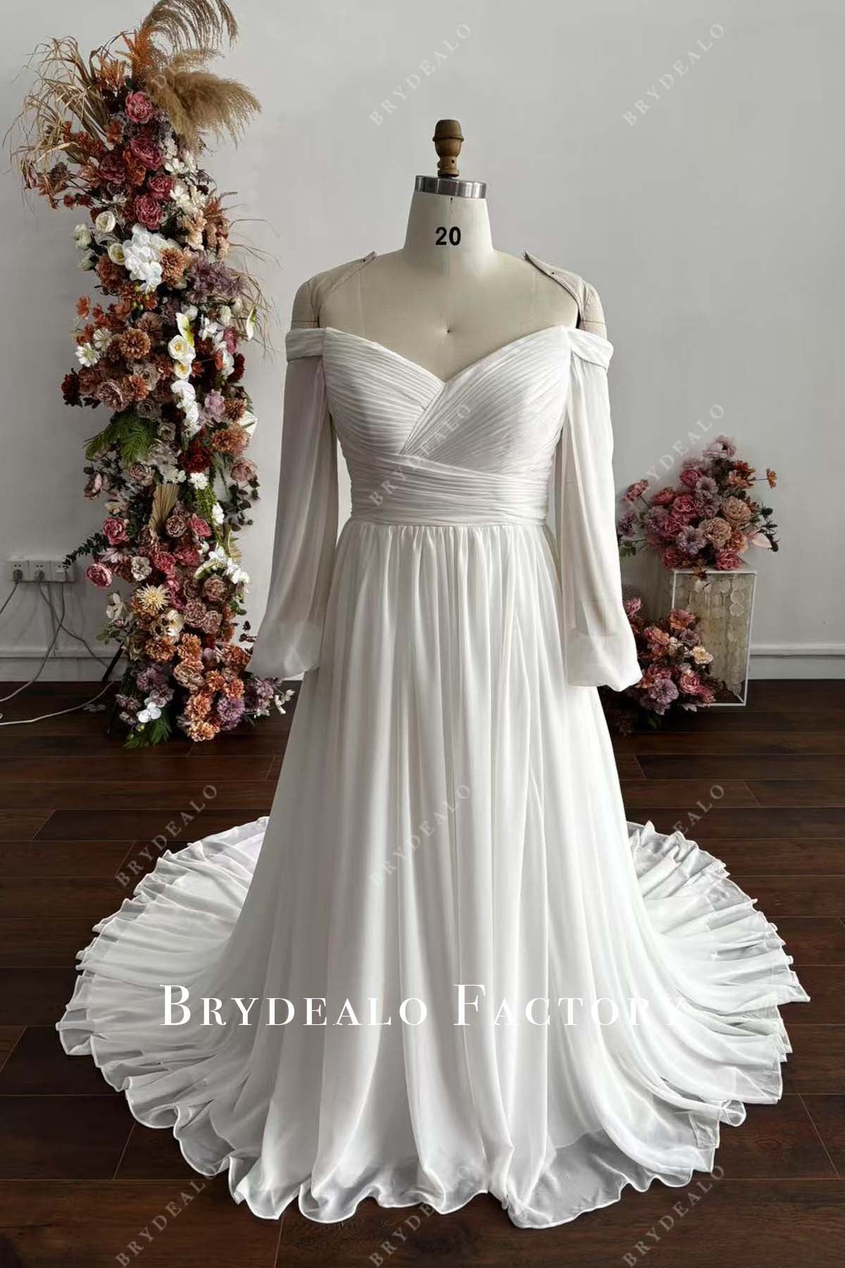 White Plus Size Off Shoulder Flowy Chiffon Ruched Custom Wedding Dress, White White Plus Size Off Shoulder Flowy Chiffon Ruched Custom Wedding Dress, White