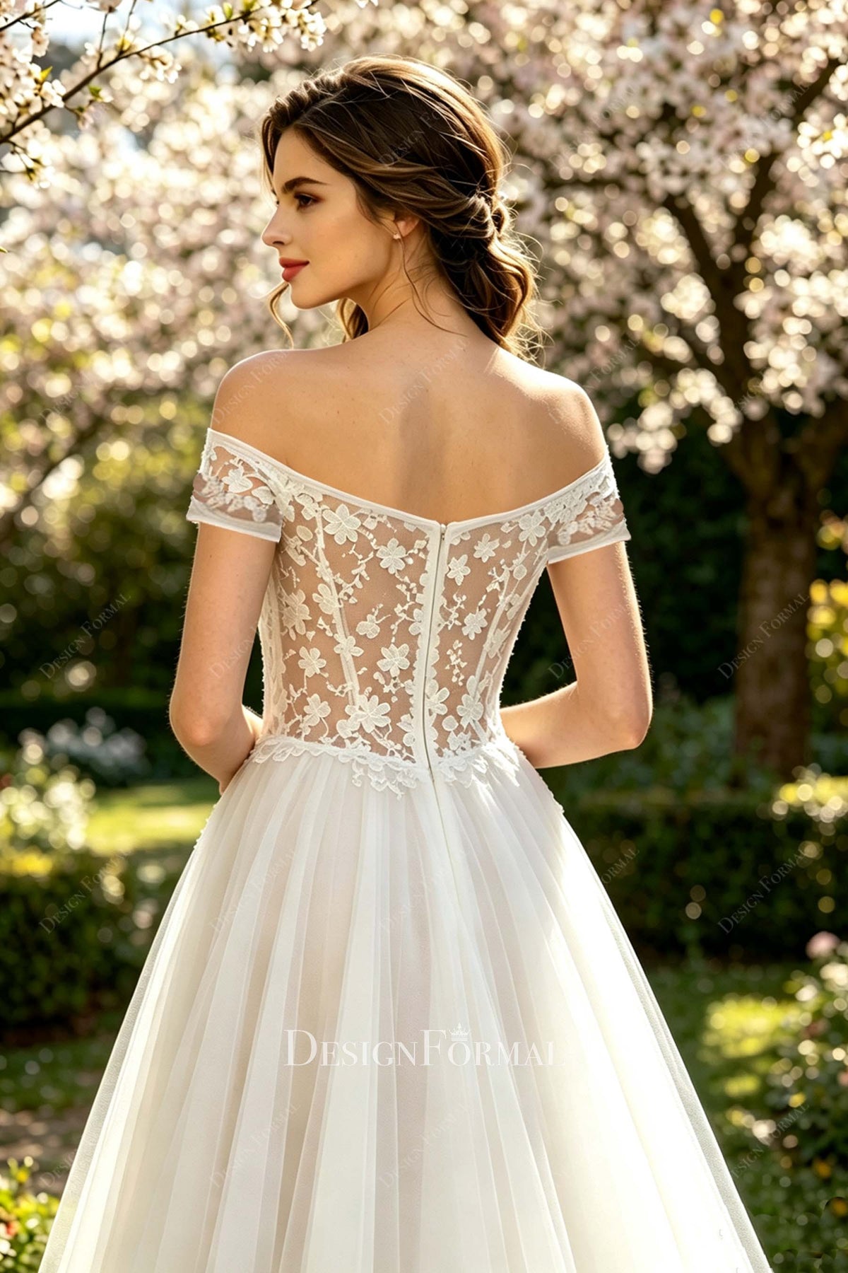 Custom Off Shoulder Lace Tea Length Wedding Dress