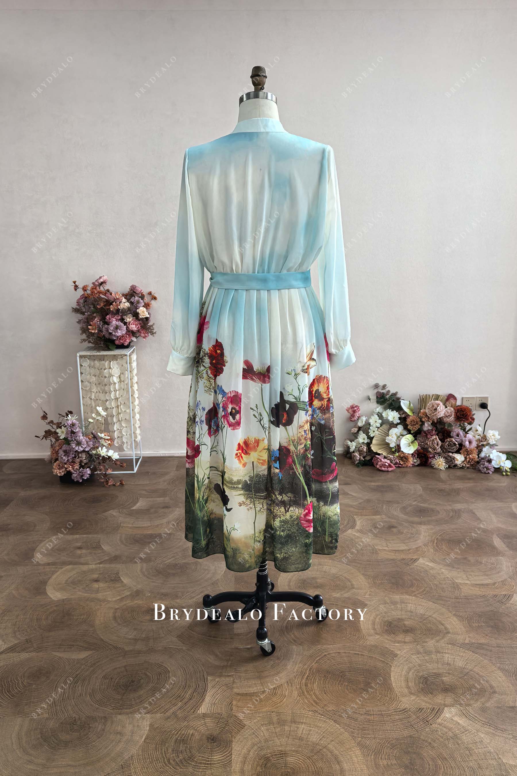 custom print chiffon tea length summer beach dress with sash