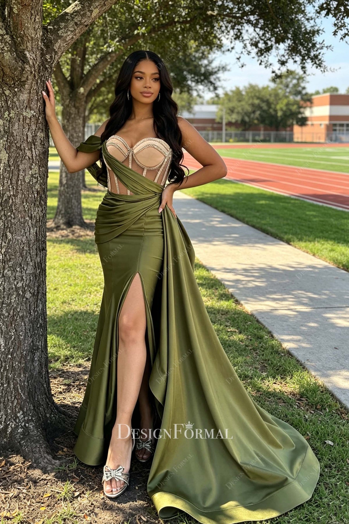 Custom Rhinestones Illusion Corset Olive Mermaid Prom Dress